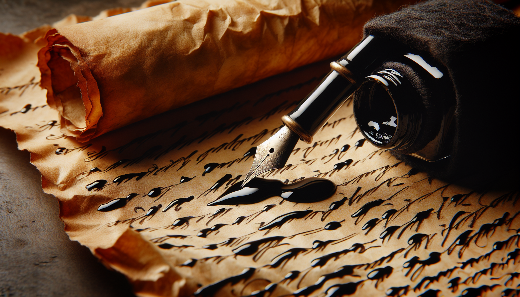 Ink pen writing bold words on an old paper scroll.