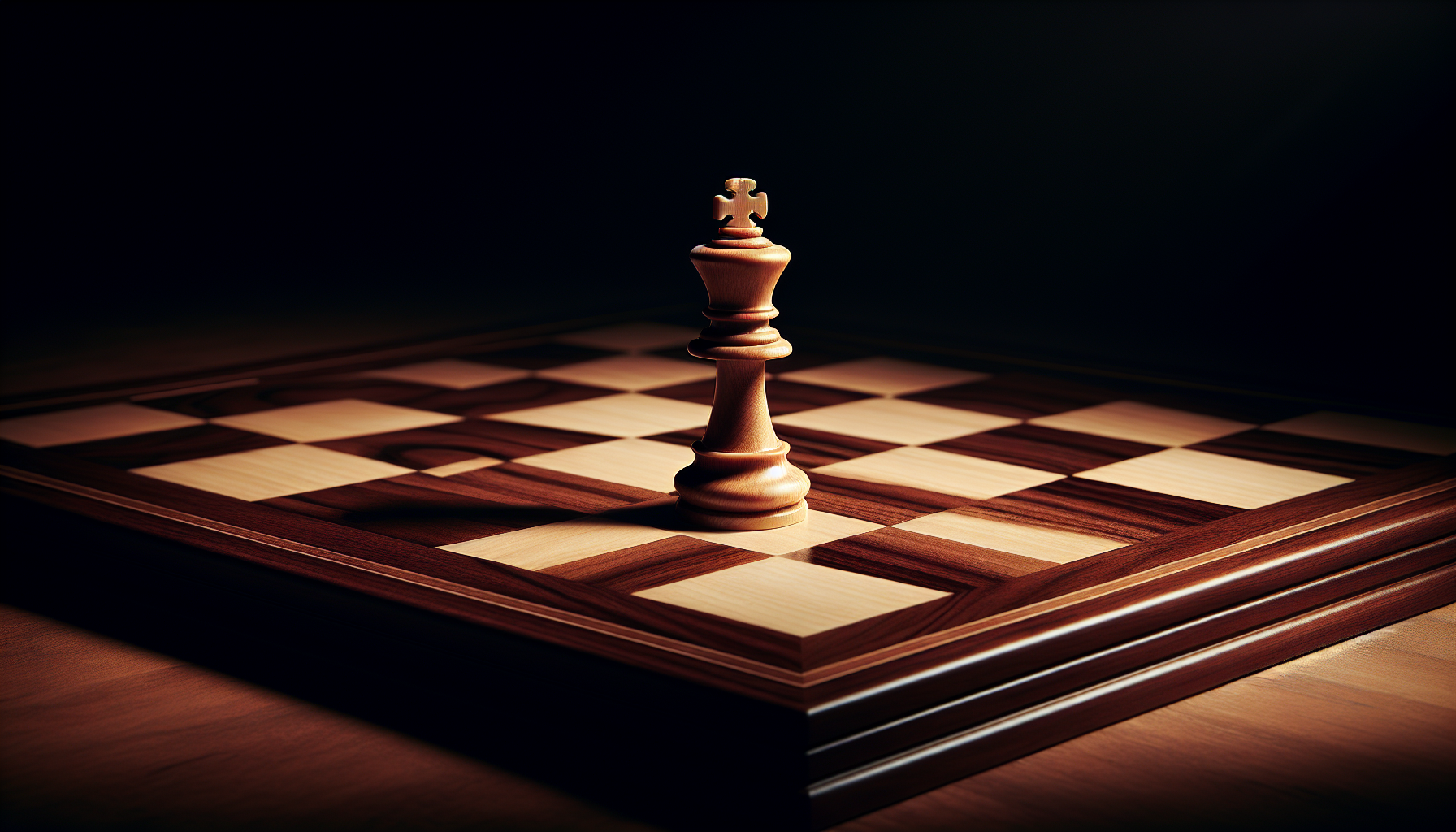 Empty chessboard with only one powerful king piece standing.