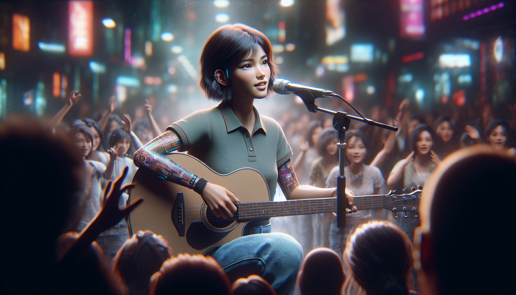 A Filipina mestiza with a beautiful face having a short boyish cut wearing a fitted polo shirt and loose jeans singing in the stage playing her guitar. She is charming and appealing to the audience