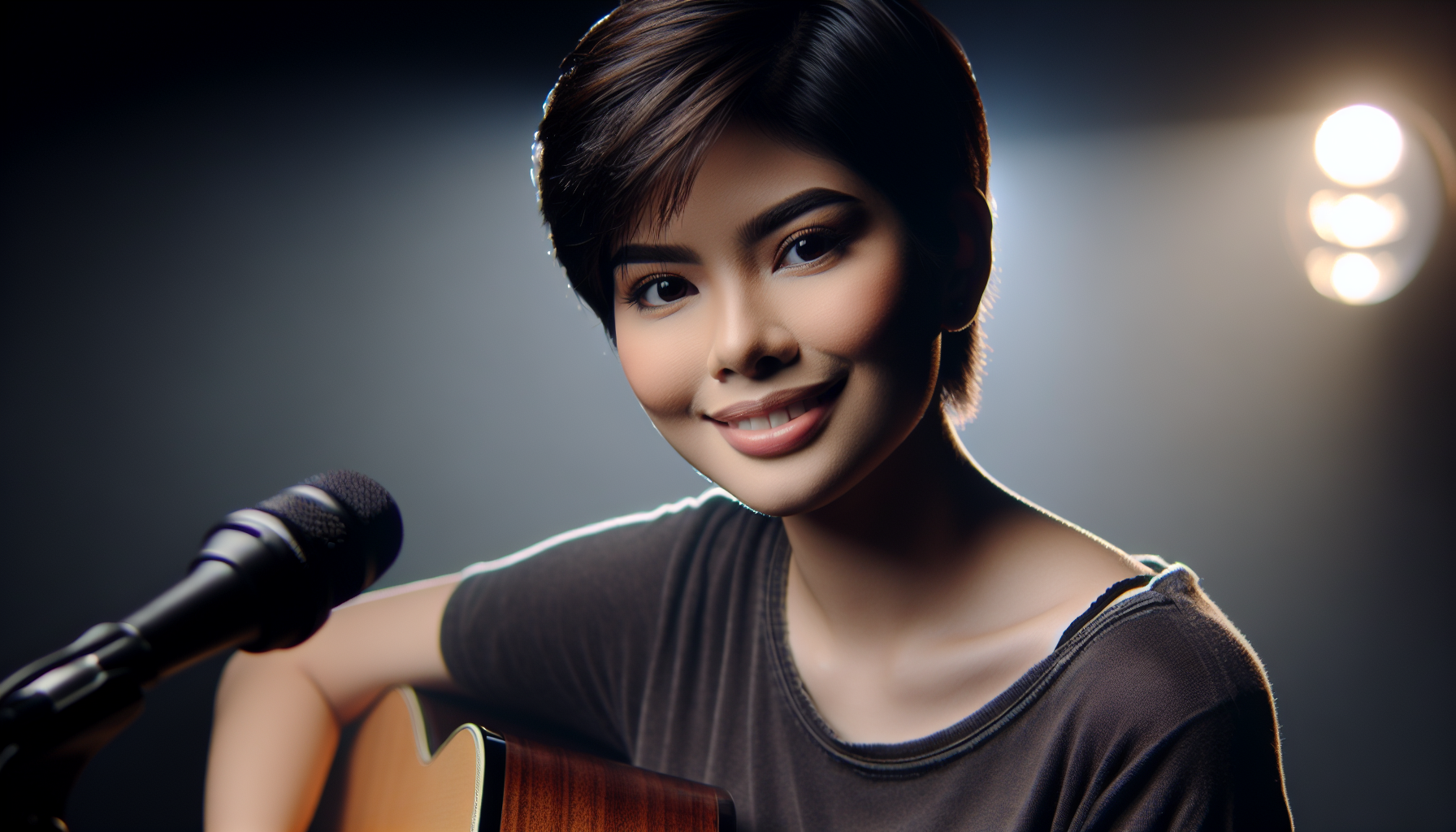 A beautiful Filipina mestiza having a short boyish cut hair and charming smile, singing in the stage while playing her guitar. She is charming and appealing to the audience
