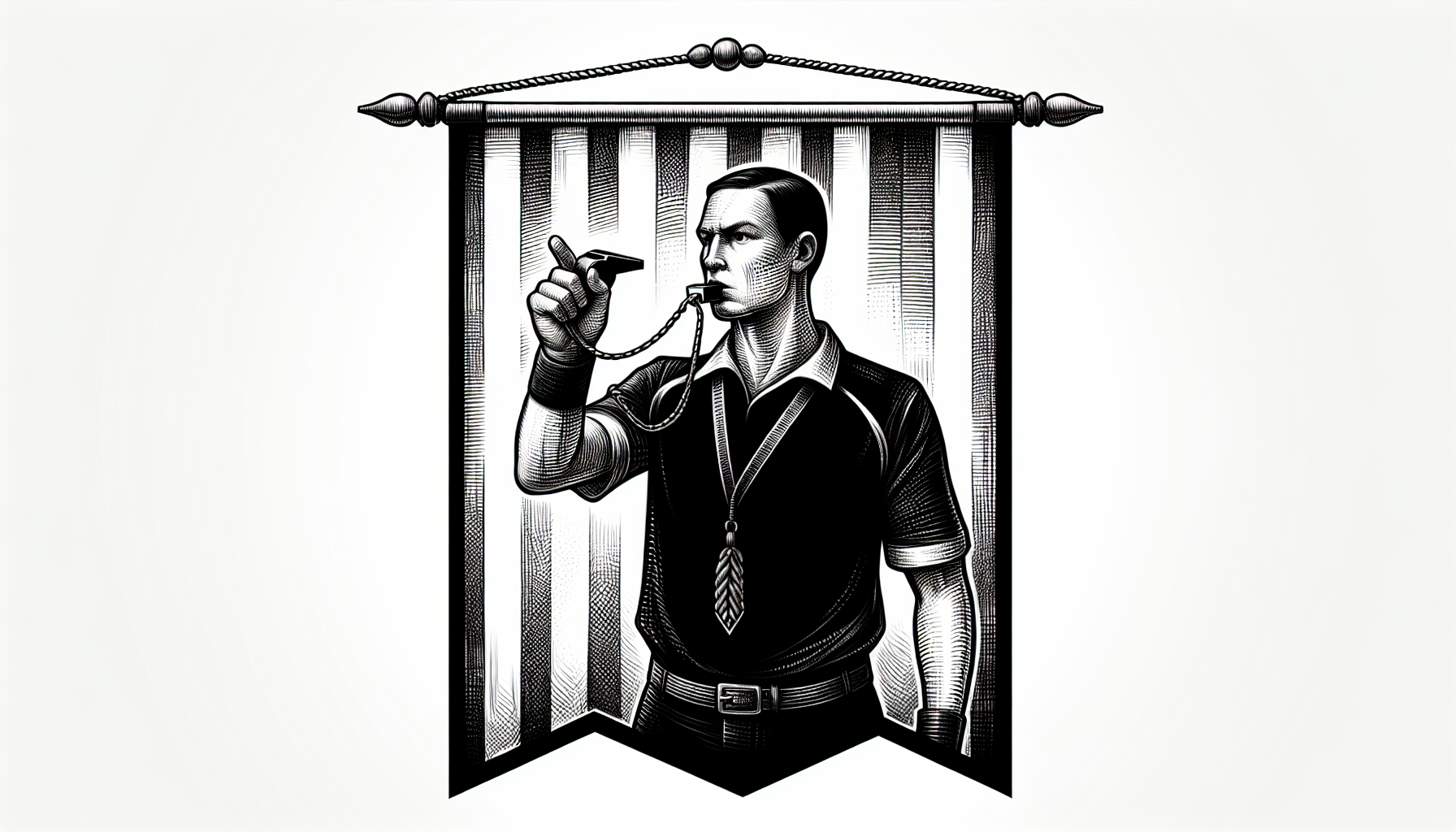 black refree, whistle in the one hand, other hand pointing straight, banner infront