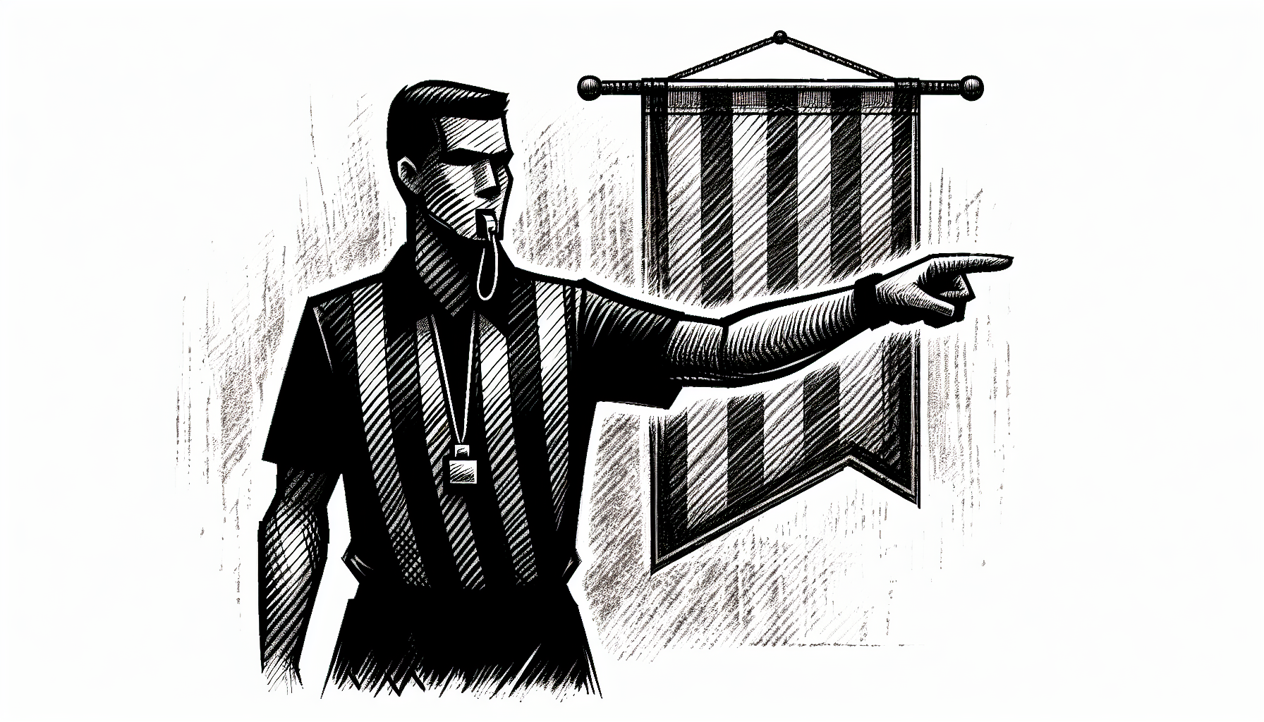 black refree, whistle in the one hand, other hand pointing straight, standing infront of a banner