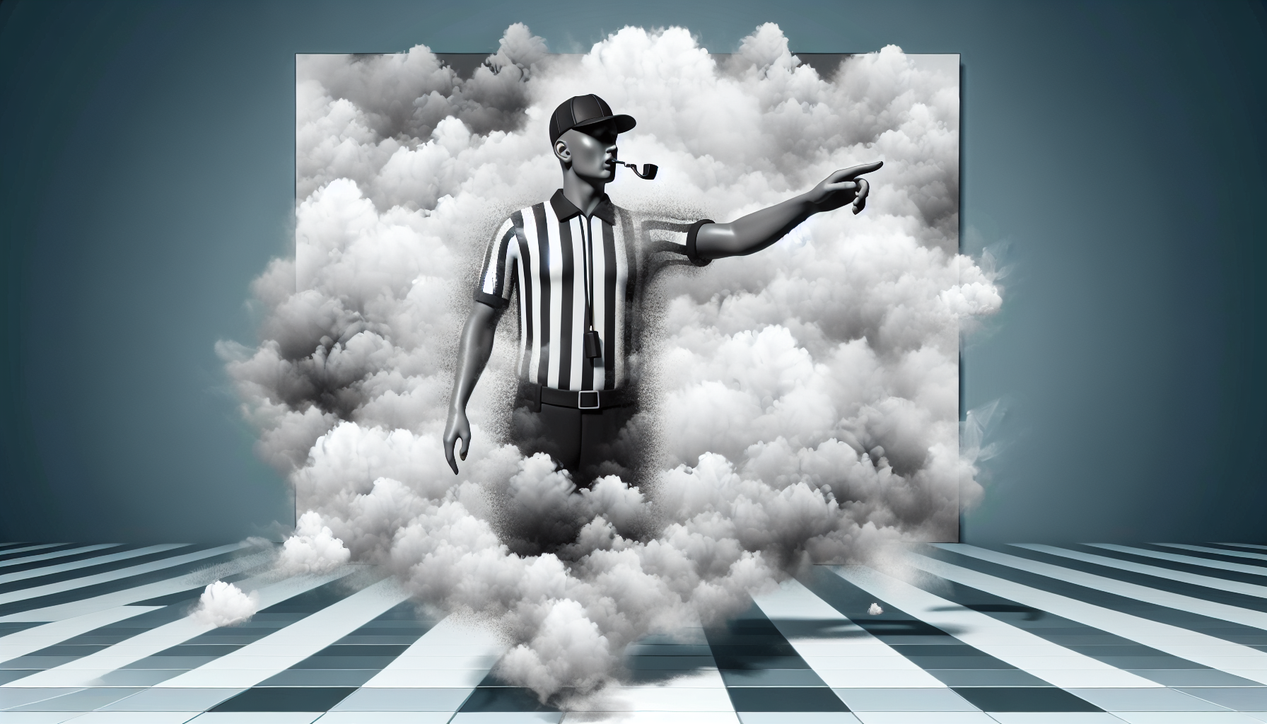 black refree, whistle in the one hand, other hand pointing straight, banner infront