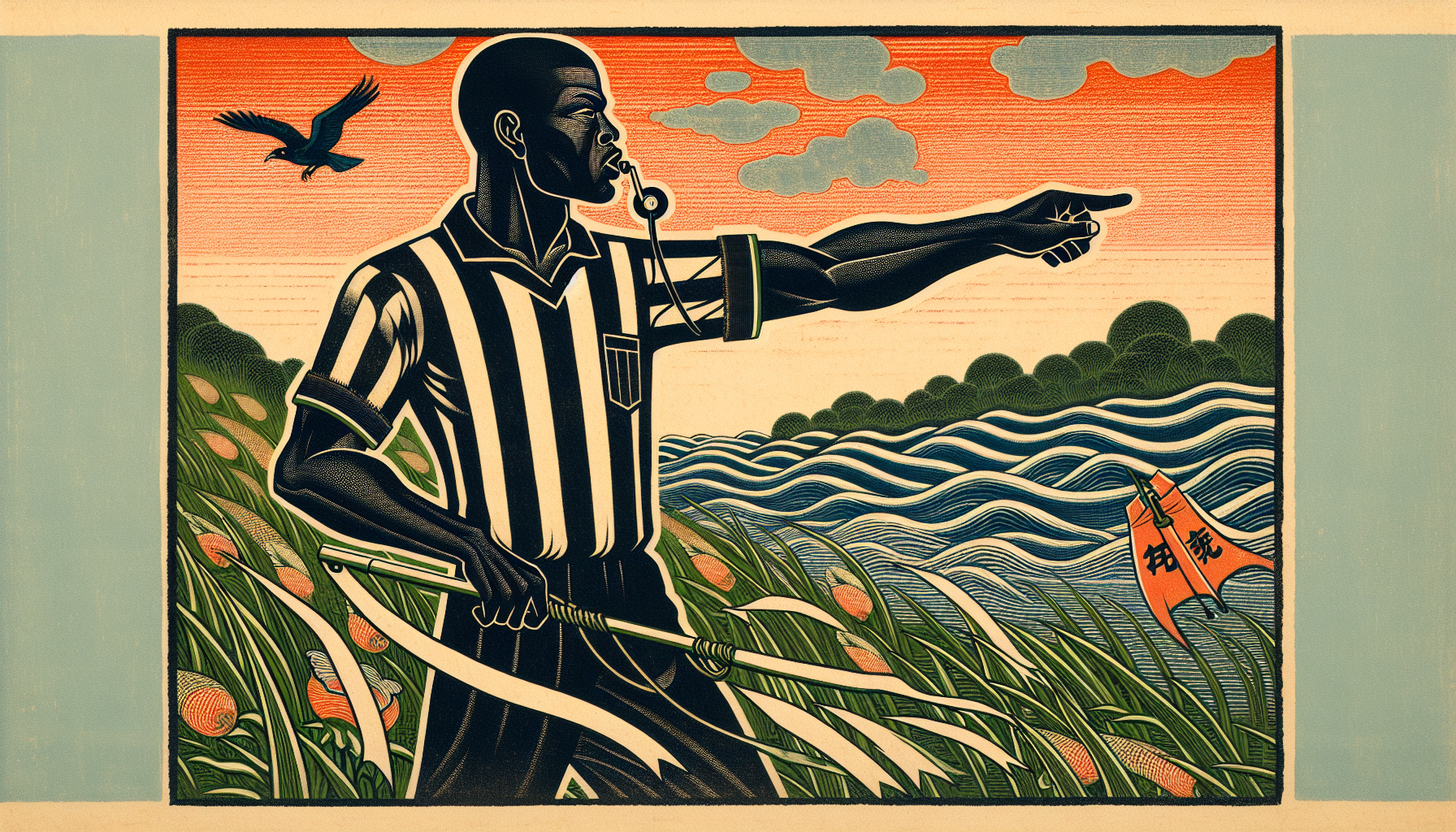 black man, refree, whistle in the one hand, other hand pointing straight, banner infront