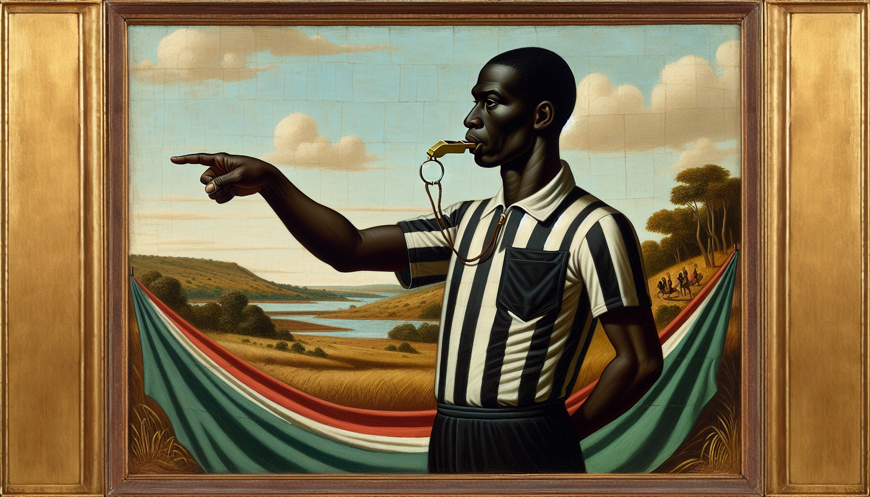 black man, refree, whistle in the one hand, other hand pointing straight, banner infront