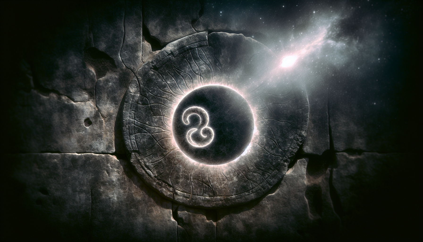 Capricorn glyph glowing faintly on ancient stone under eclipse shadows