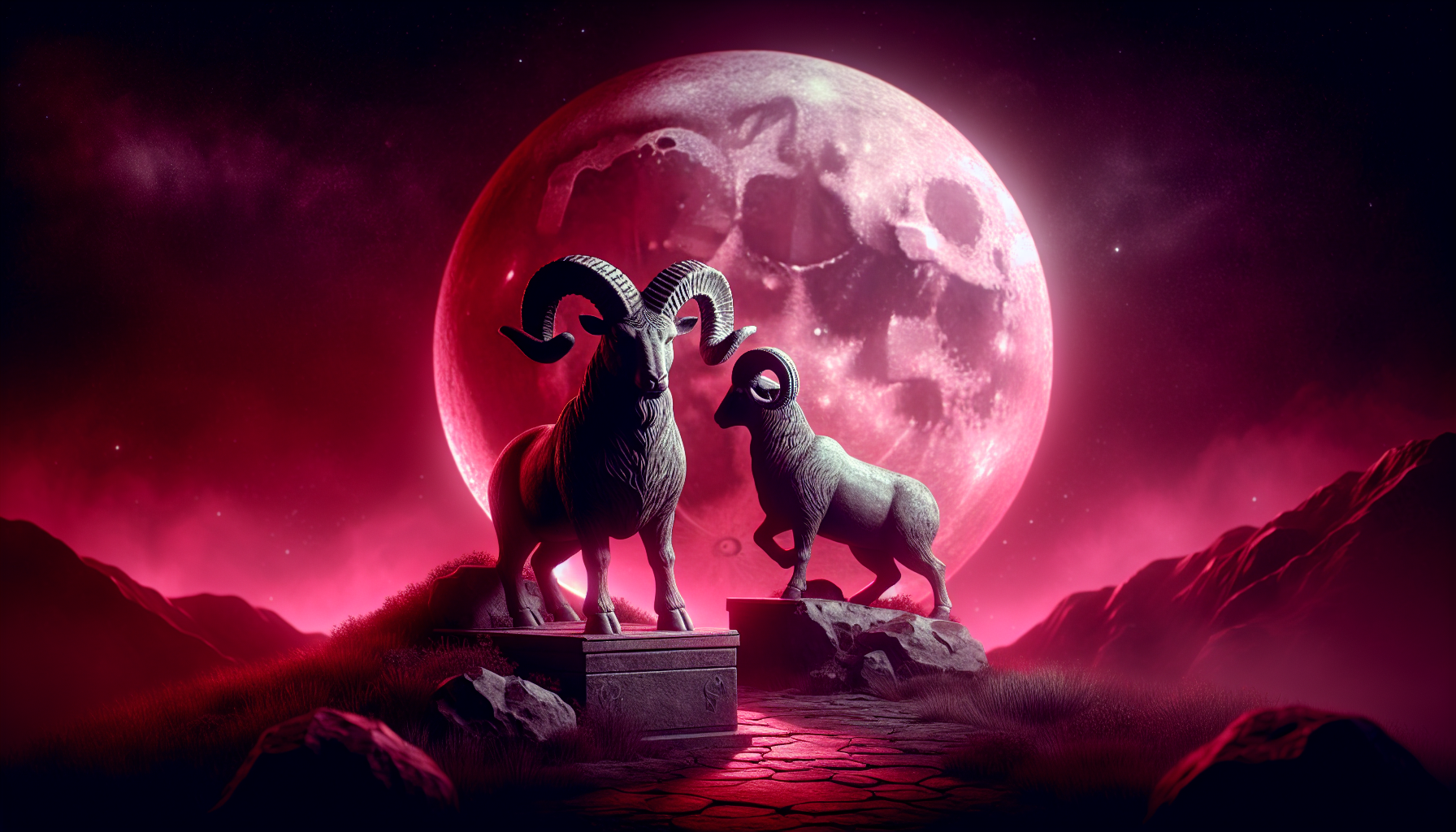 Capricorn ram statue glowing dimly beneath red lunar glow