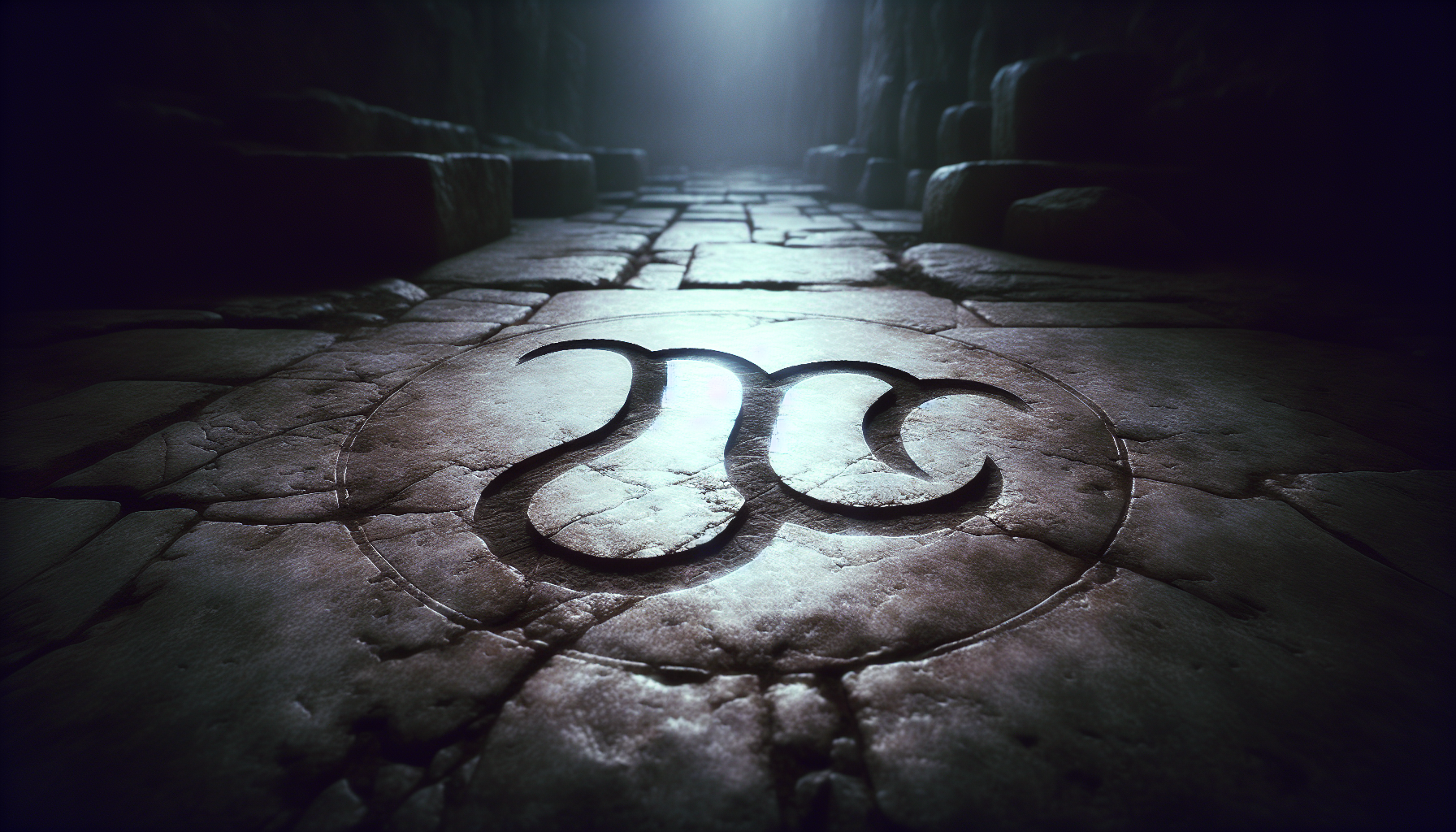 Capricorn symbol etched into stone floor, glowing faintly in moonlight