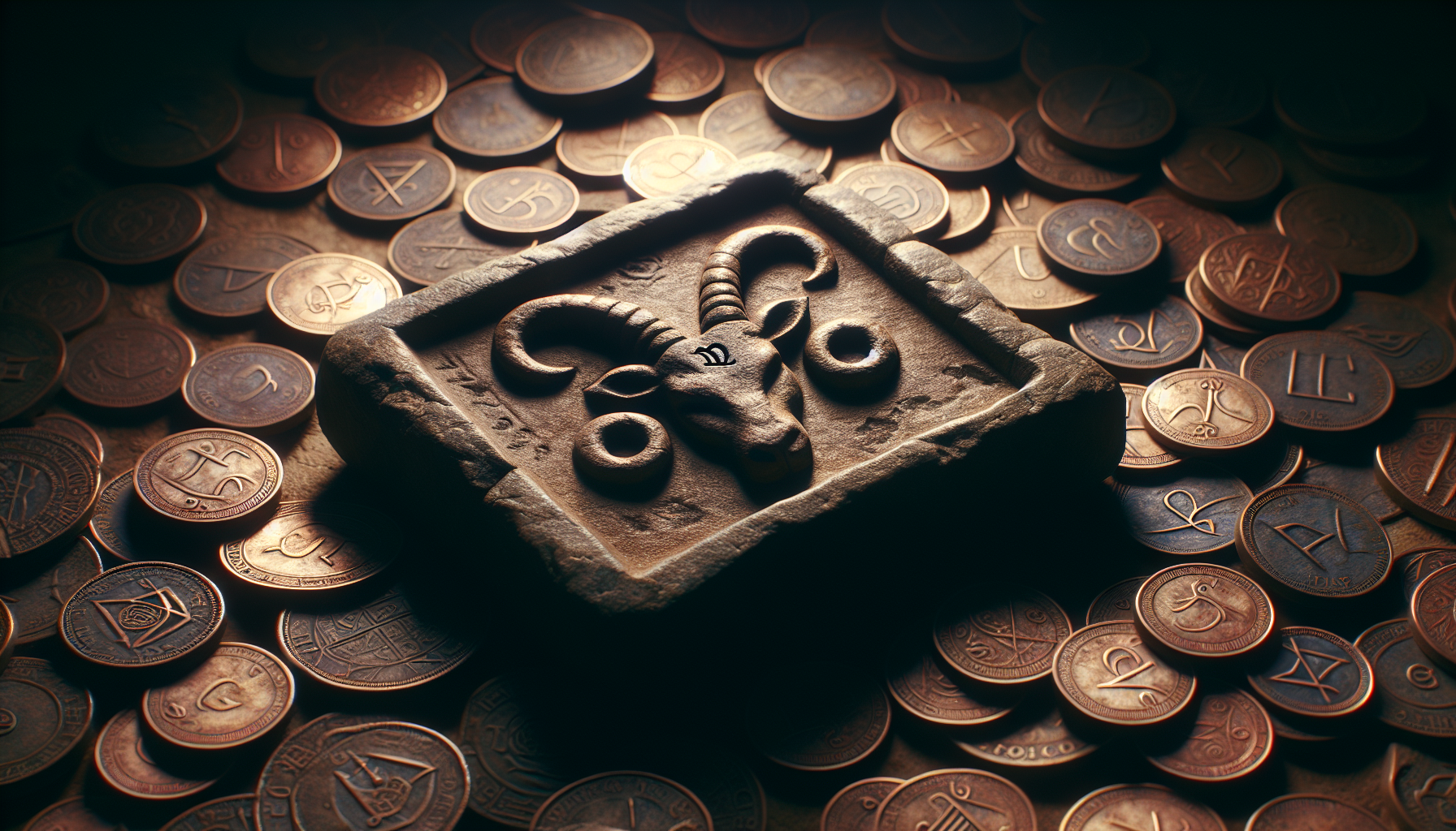 Capricorn symbol carved on stone tablet, coins glowing faintly on top