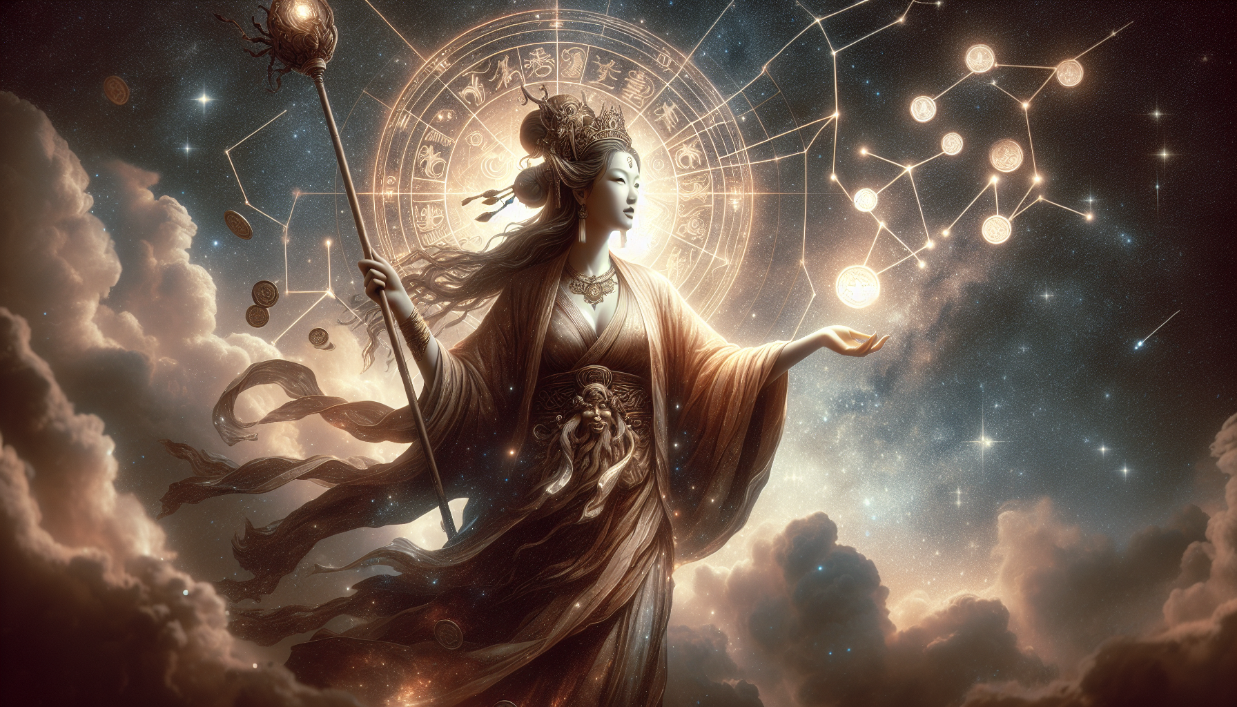 Capricorn figure holding faint glowing staff, coins falling like starlight