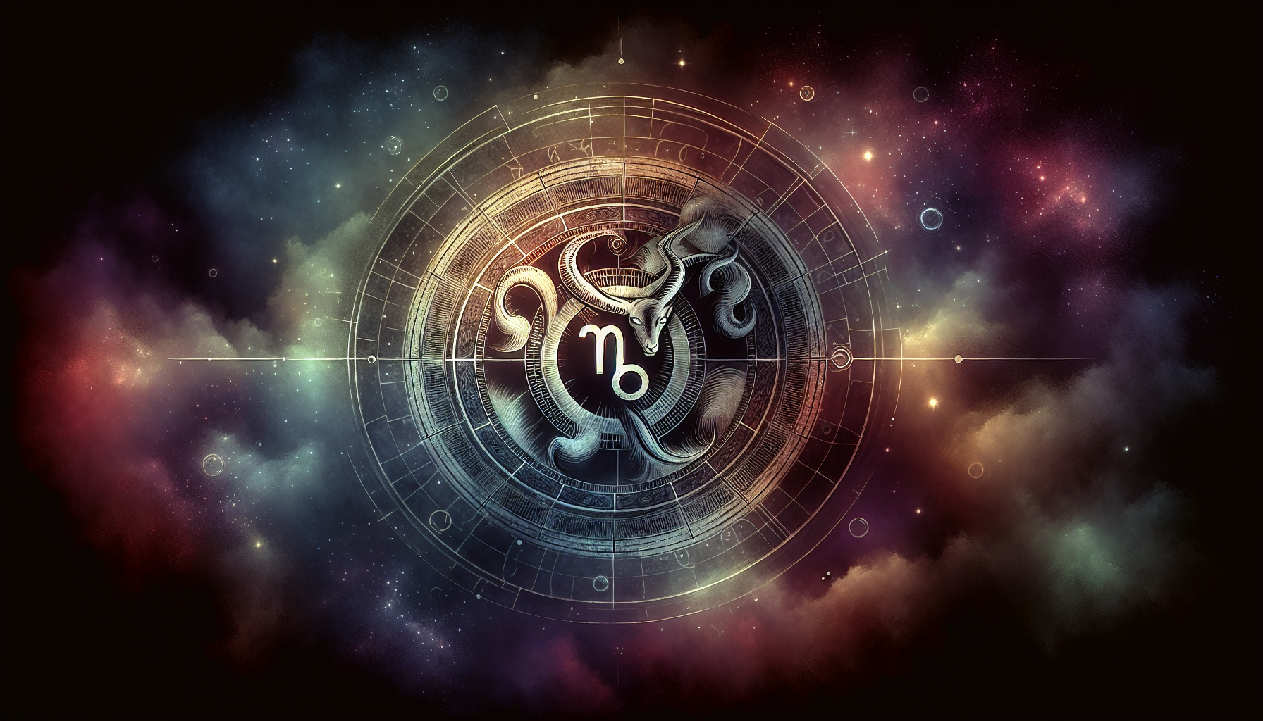 Astrological wheel faintly glowing with Capricorn glyph, two rings overlapping on it