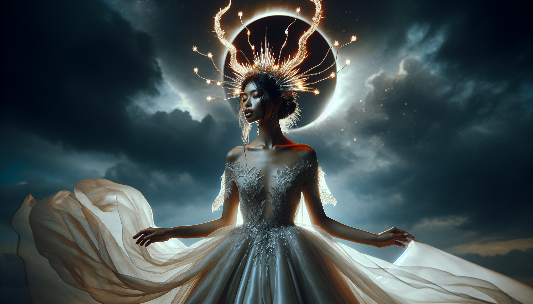 Capricorn bride with glowing horns crown, standing under eclipse sky