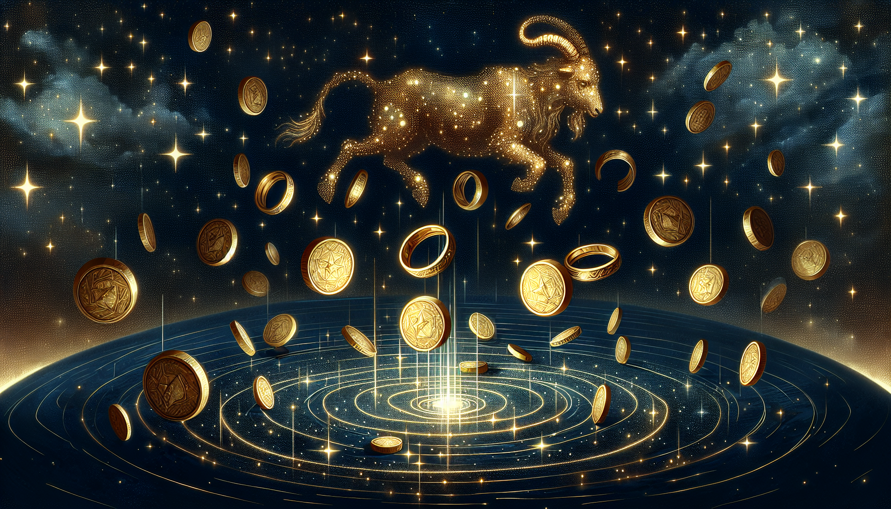 Capricorn constellation glowing faintly as coins and rings orbit around it