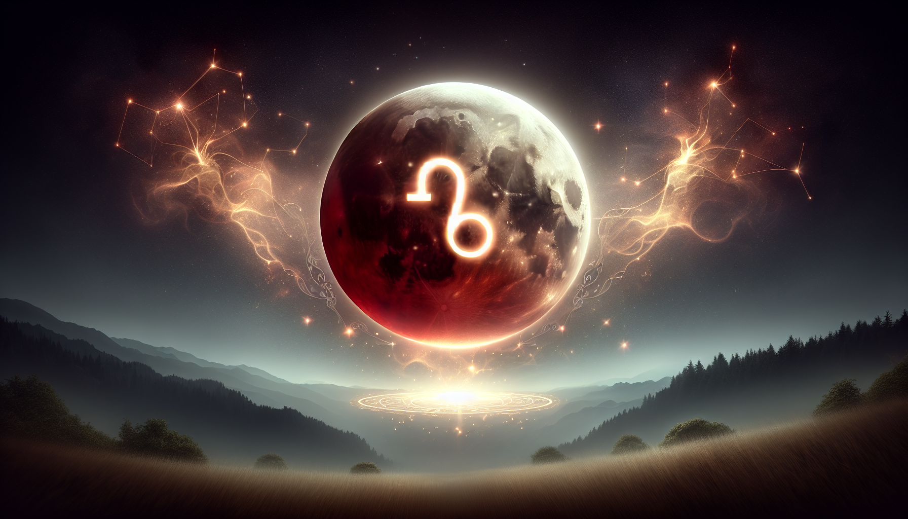 Blood moon eclipse shining faintly, Capricorn glyph glowing with wealth aura