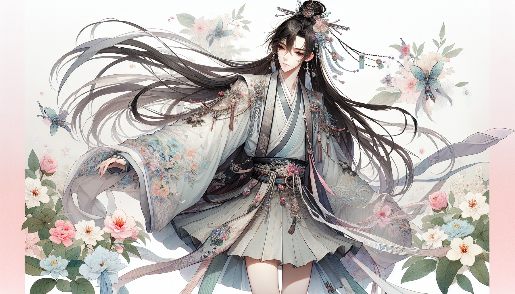A beautiful Chinese-style young man with long flowing dark hair, adorned with elegant hair ornaments and flowers. He wears a traditional hanfu-inspired outfit but with a modern twist: a short pleated mini skirt instead of long robes. The skirt is decorated with delicate embroidery and patterns matching the hanfu style, giving a mix of historical elegance and contemporary fashion. Soft pastel colors, detailed fabrics, and graceful accessories, standing among blooming flowers. Highly detailed anime-style illustration, ethereal fantasy atmosphere, soft lighting.