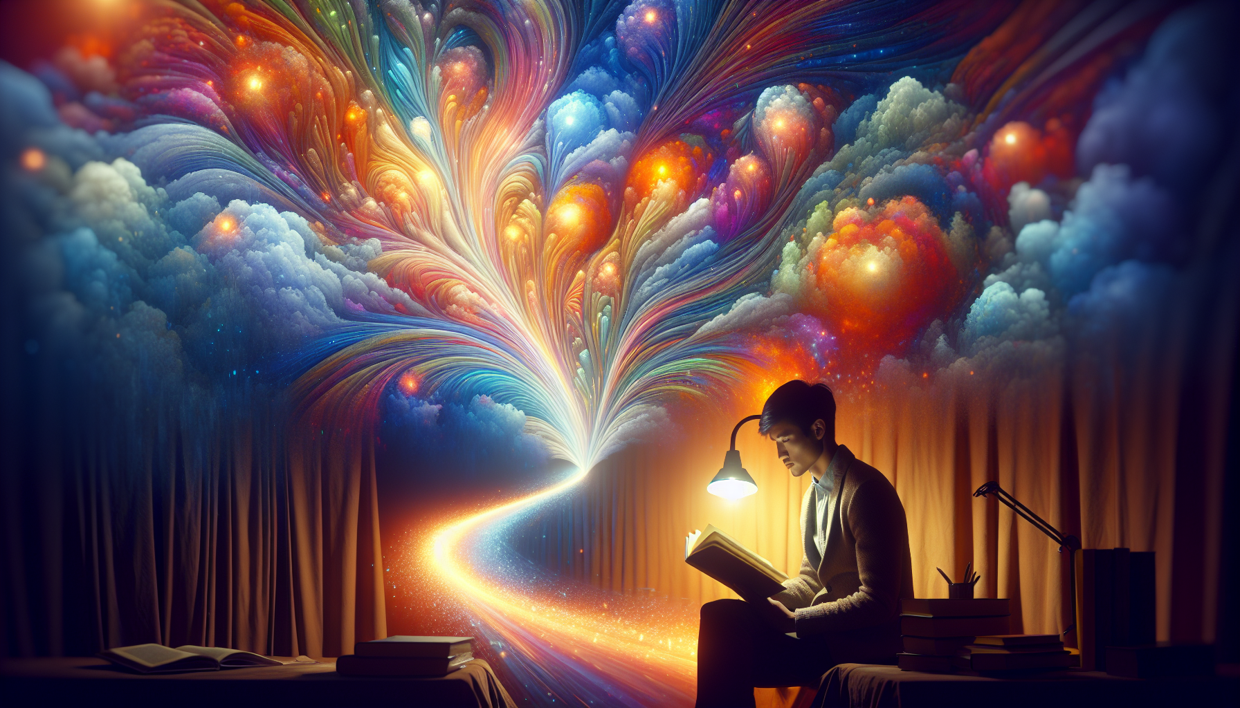 A bright path opening for a person who is reading under lamplight.
