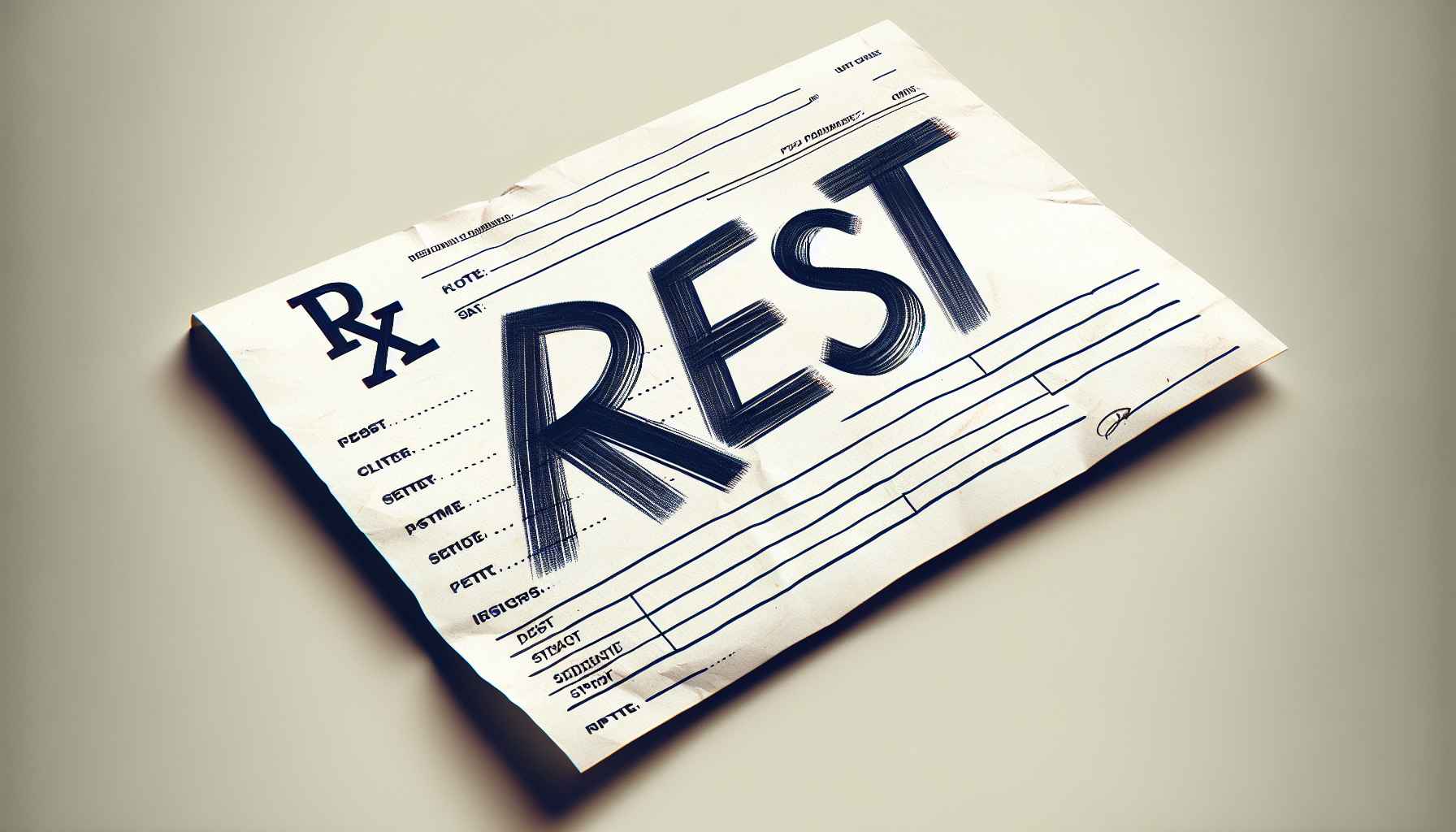 A doctor’s prescription pad with the word “Rest” written boldly.