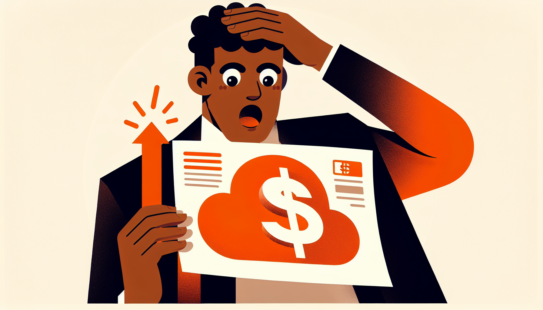 A flat-style digital illustration of a surprised person discovering a huge AWS bill. The character is holding a paper invoice with a big dollar sign, looking shocked, with one hand on their head. Next to them, an orange AWS cloud logo emphasizes the source of the bill. Clean, modern design with a light background, perfect for a LinkedIn post illustration.