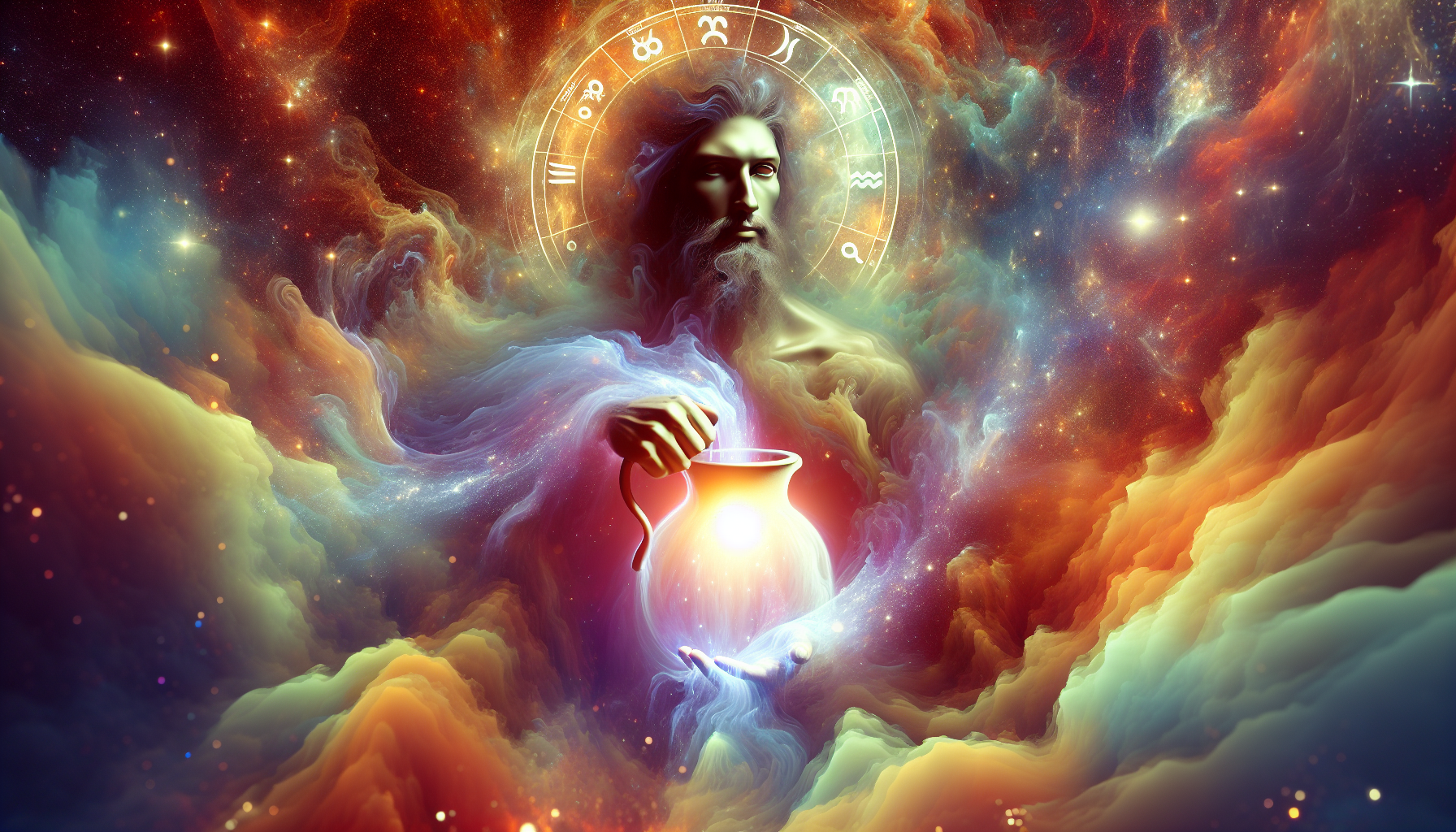 Shadowy figure of Aquarius man holding glowing water jug (symbol of ideas flowing)