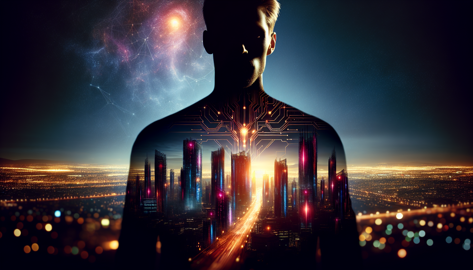 Dark silhouette of Aquarius man with glowing futuristic city in distance