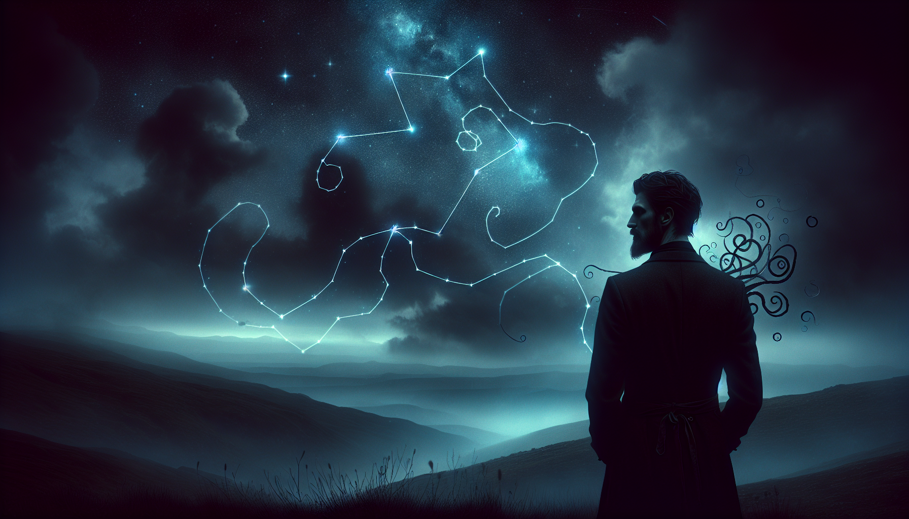 Aquarius man with faint lightnings in background (rebellious spirit)