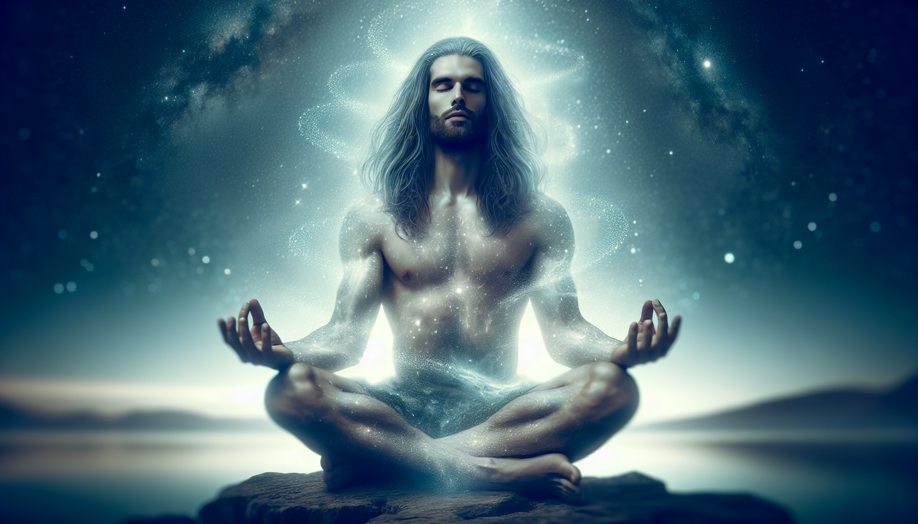 Aquarius man seated cross-legged in meditation, faint cosmic aura around