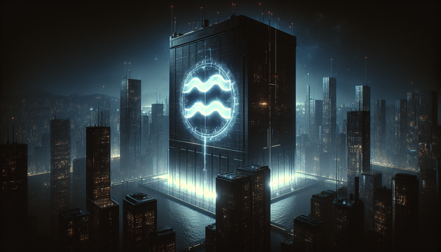Aquarius glyph faintly glowing on futuristic skyscraper in the dark