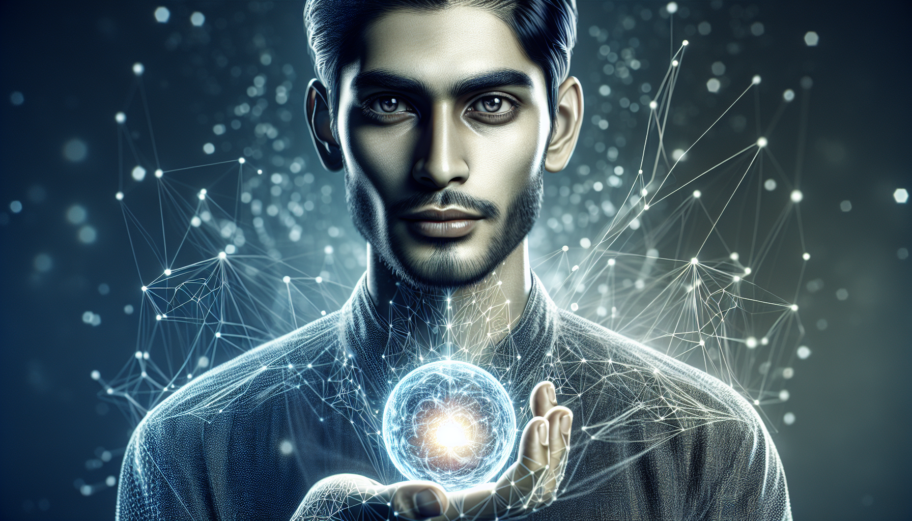 Aquarius man with glowing faint energy sphere in hand (technology)