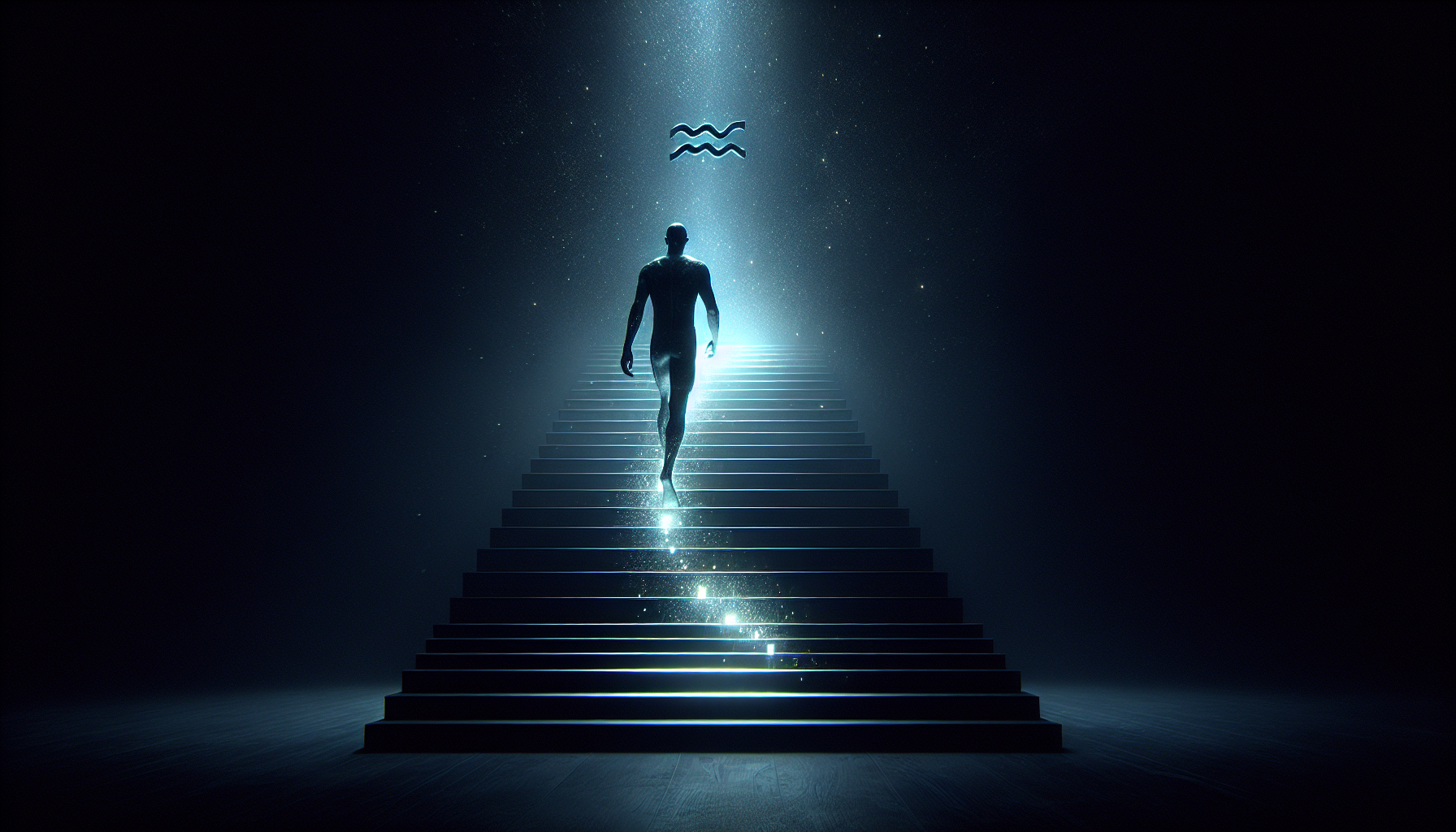 Dark background with Aquarius man climbing glowing faint stairway of destiny