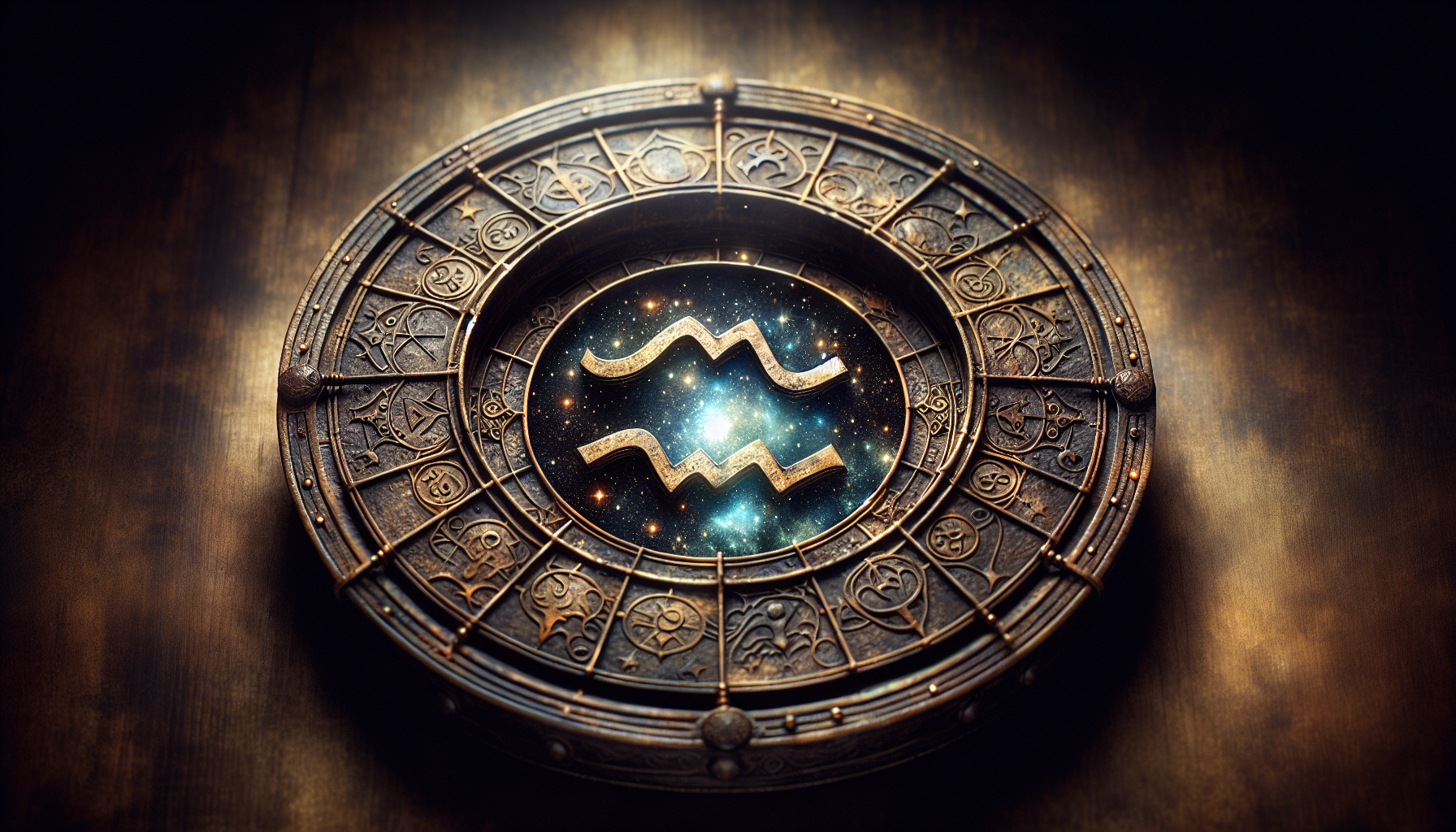 Ancient astrological wheel faintly glowing with Aquarius highlighted