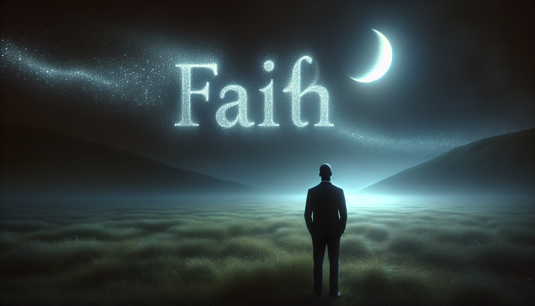 Man standing under faint glowing words “Faith” in the night sky.