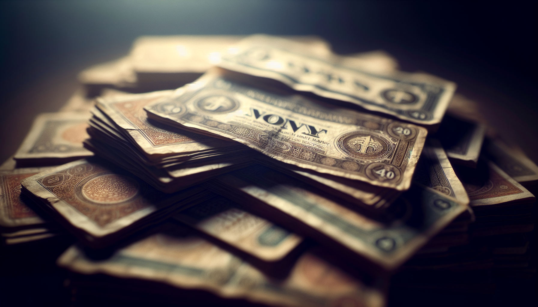 Stacks of old paper currency under soft glow, symbolic not flashy.