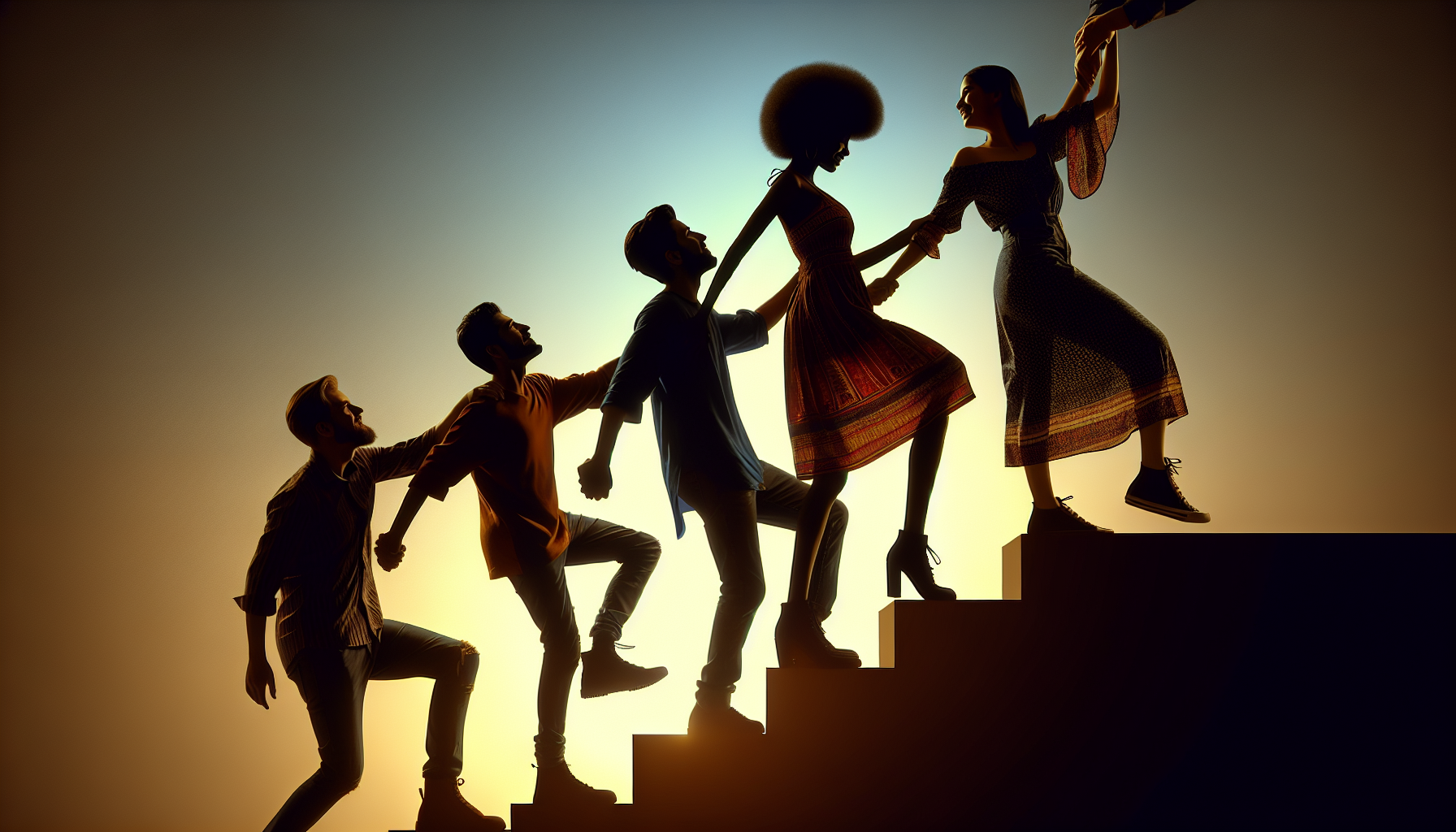 Silhouette of supportive friends lifting each other up on a staircase.
