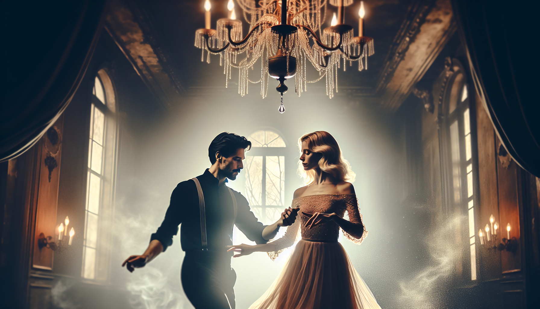 Couple dancing under old chandelier, aura glow surrounding them.