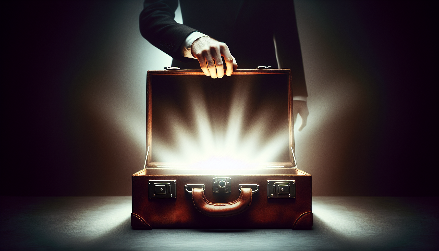 Briefcase opening under faint white glow, symbolic of opportunity.
