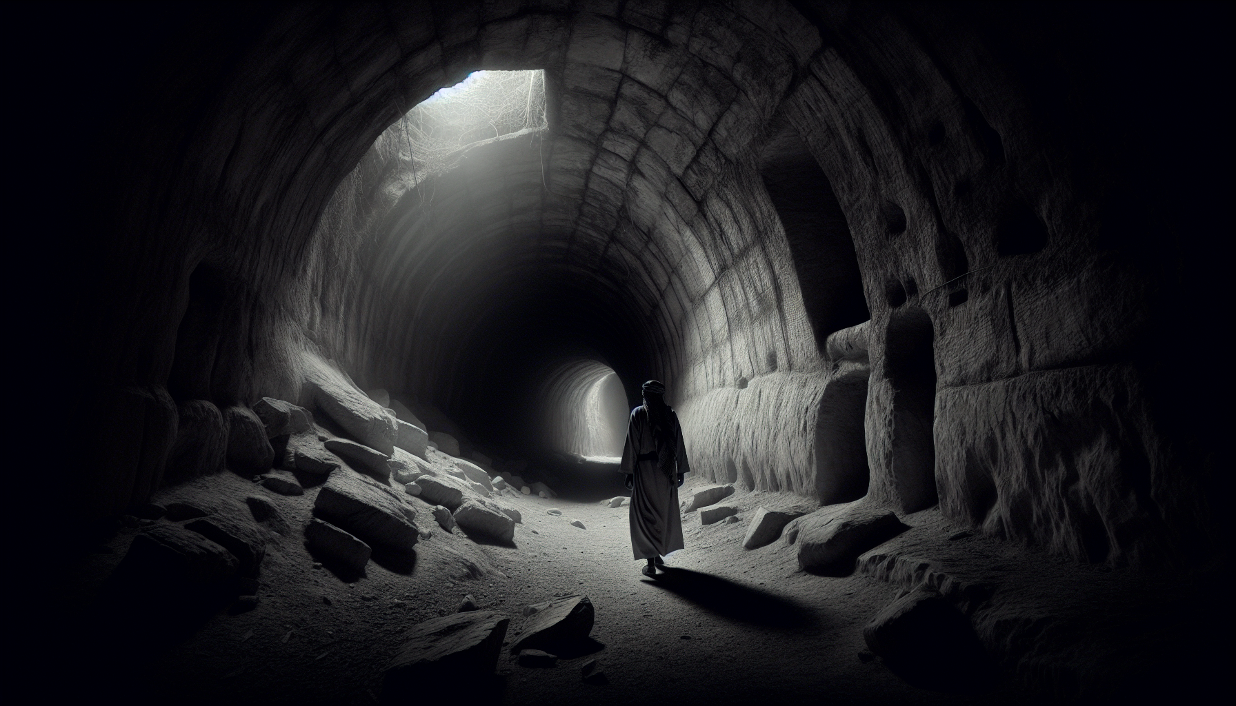 Dark tunnel with faint glowing light at the end, man walking toward it.
