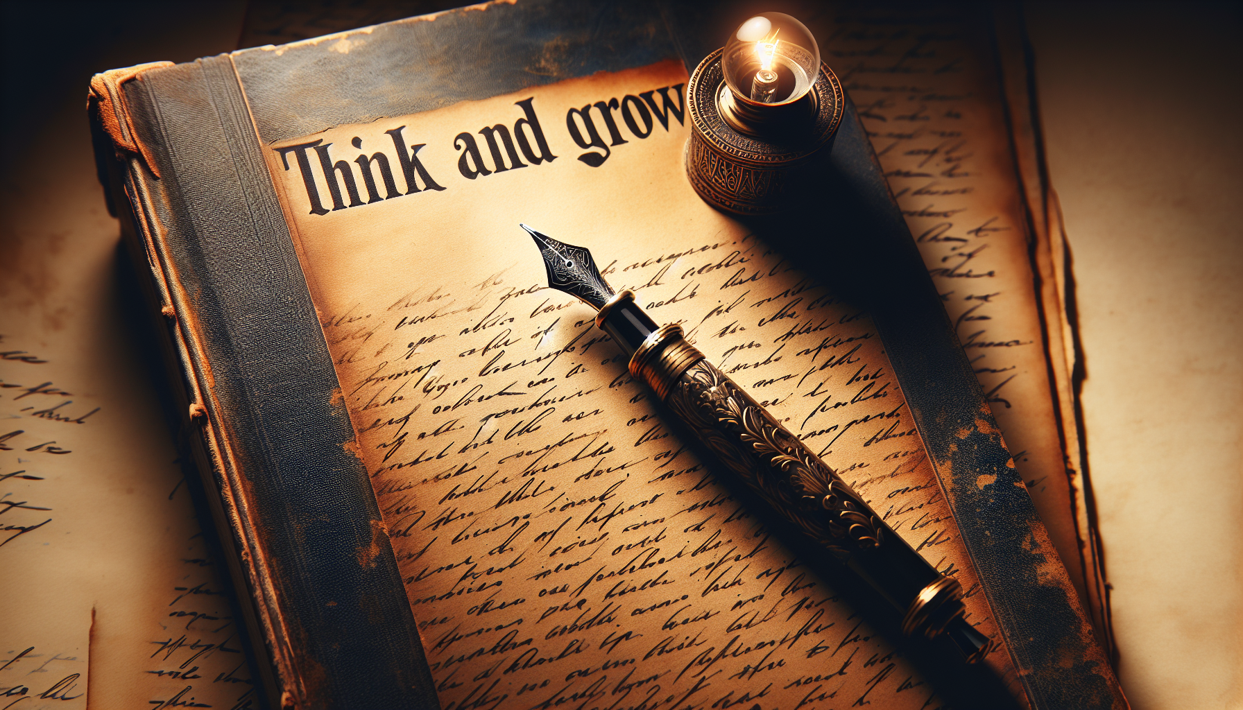 Old fountain pen glowing faintly, lying on manuscript titled “Think and Grow.”