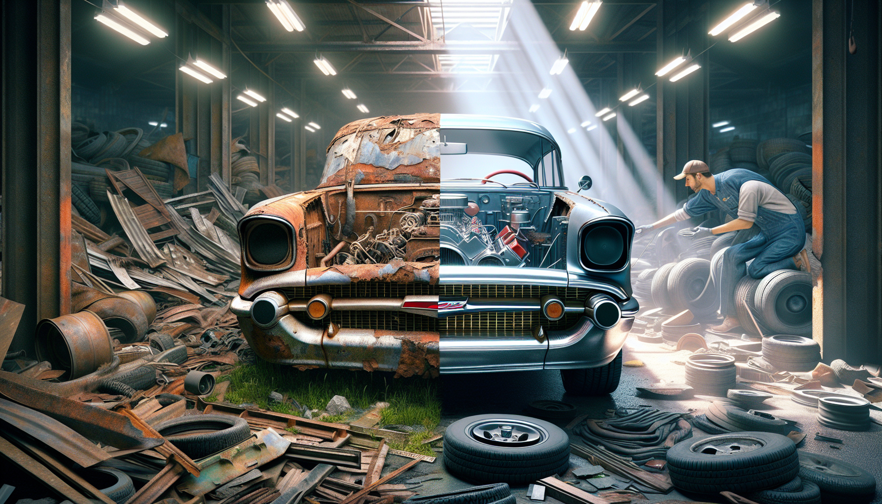 A photograph of a 1957 Chevrolet Bel Air bisected down the center, presenting a striking visual dichotomy of deterioration and meticulous restoration. The left side of the car exhibits layers of rust and chipped paint, its tires deflated, sitting amidst scattered debris within a sprawling, overgrown junkyard. Conversely, the right side reveals a flawlessly polished Bel Air, gleaming under the bright fluorescent lights of a pristine mechanic’s shop, where a focused figure in denim overalls carefully inspects the engine. A single beam of sunlight streams through a nearby window, illuminating the restored vehicle and highlighting the meticulous detail of its rebuilt components.