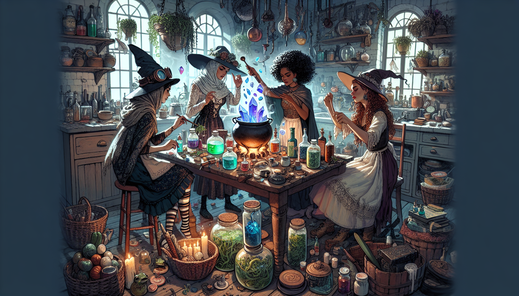 Cozy Kitchen Chaos
Four whimsical witches gathered in a messy cottage kitchen. Beans, the clumsy inventor witch with round goggles and wild hair, is holding a bubbling jar of chewing gum potion. Muna, the dreamy crystal witch wearing mismatched socks and crystal jewelry, gazes at a floating crystal. Pickle, the swamp witch with tangled hair, patched cloak, and jars of swamp plants, stirs a cauldron with frogs nearby. The fourth witch, a confident leader type with a big floppy hat and apron, carries a basket of herbs. The table is full of potions, herbs, and scattered spell books. Background: crooked shelves and hanging herbs. Style: black and white line art, clean outlines, no shading, suitable for coloring page.