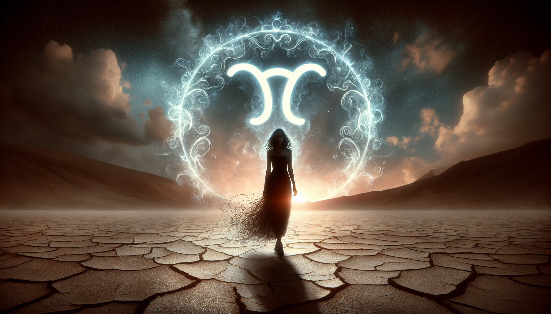 Silhouette of woman against cracked earth with Taurus glyph glowing faintly.