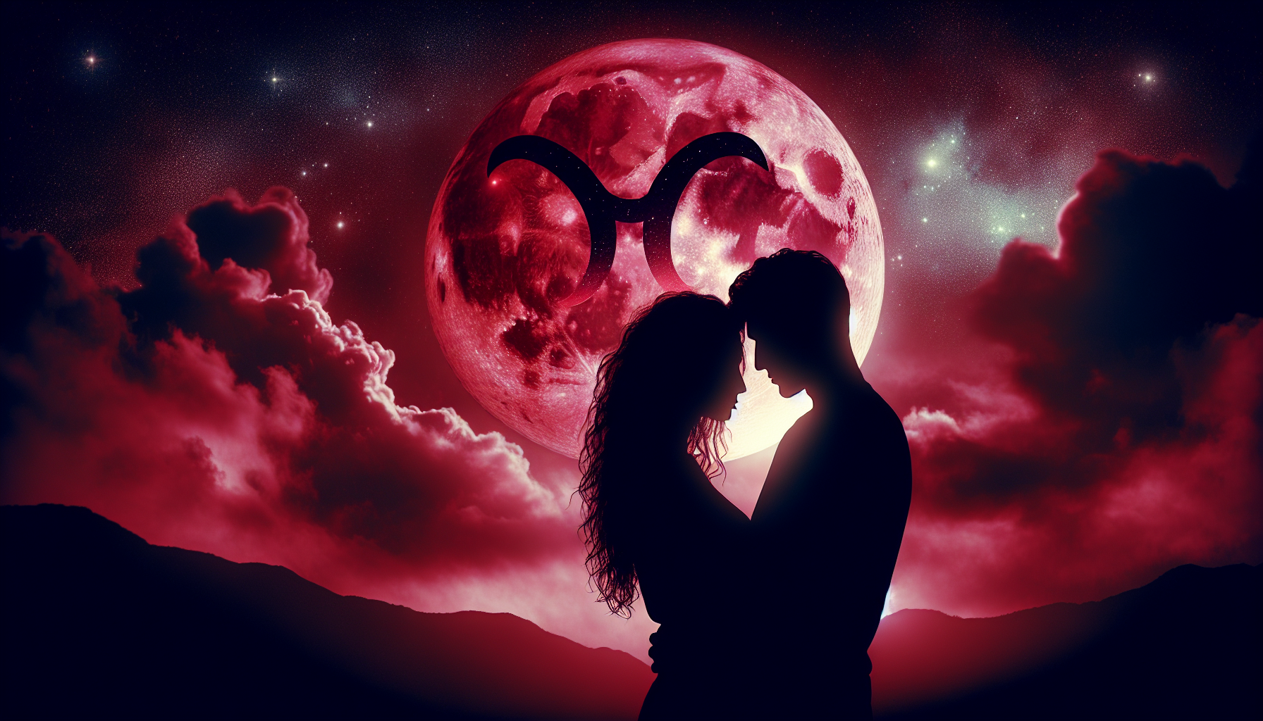 Couple silhouettes under blood moon with Taurus glyph in sky.