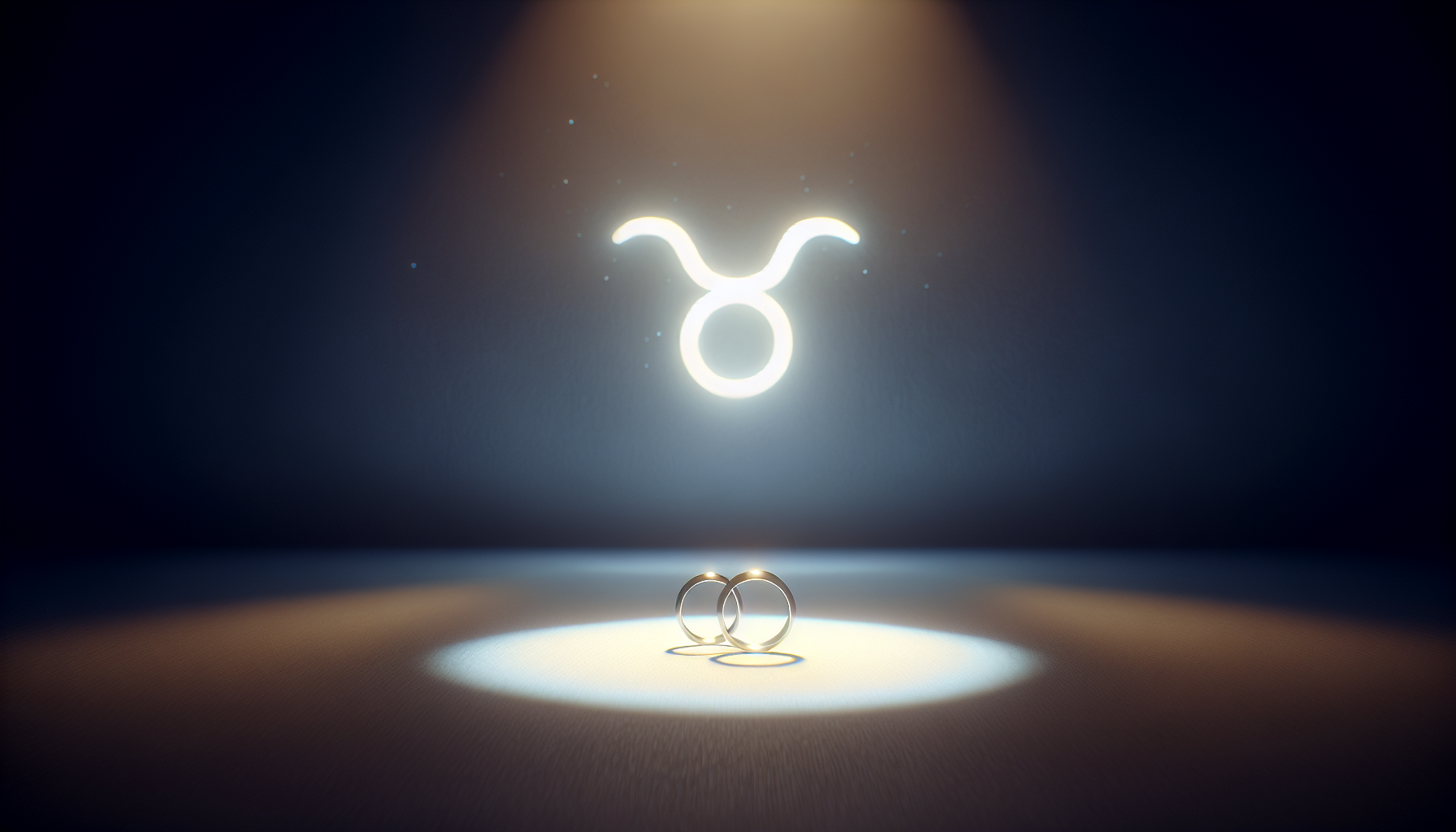 Wedding rings faintly glowing under Taurus glyph in muted background