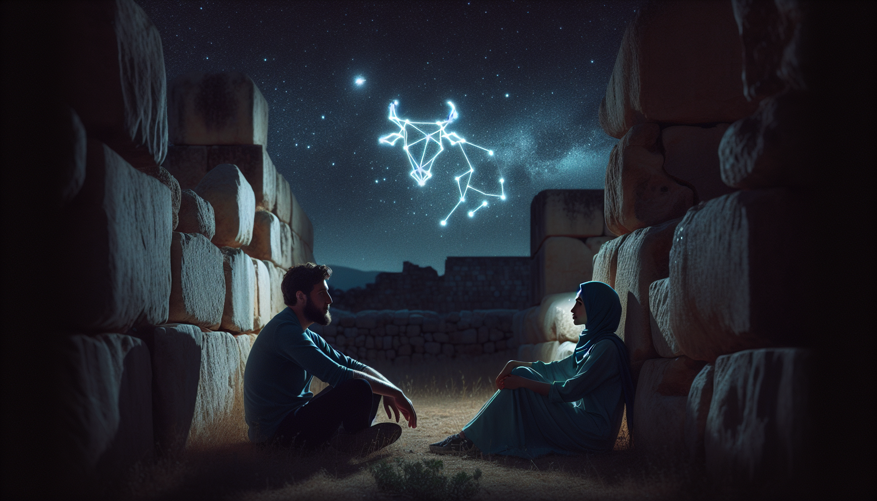 Couple sitting near old stone ruins, faint glow of Taurus sign above them.
