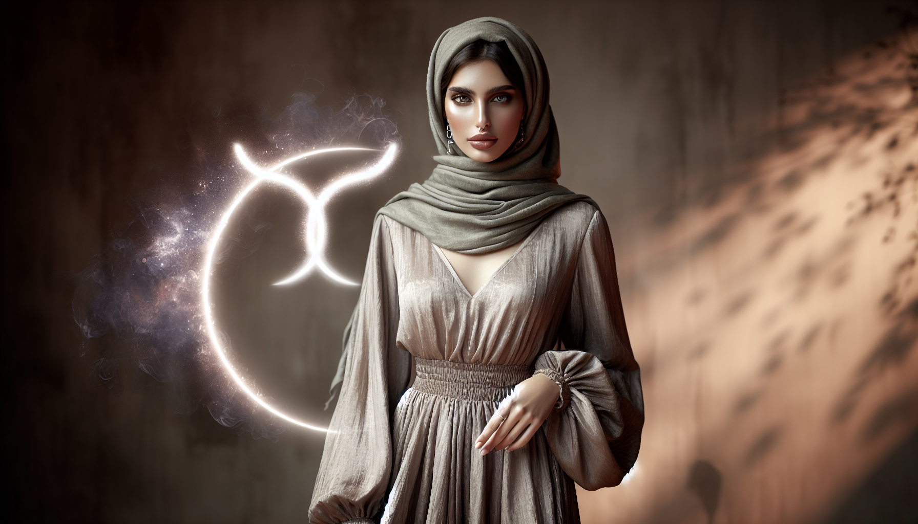 Taurus woman in muted dress standing beside a glowing faint ring.