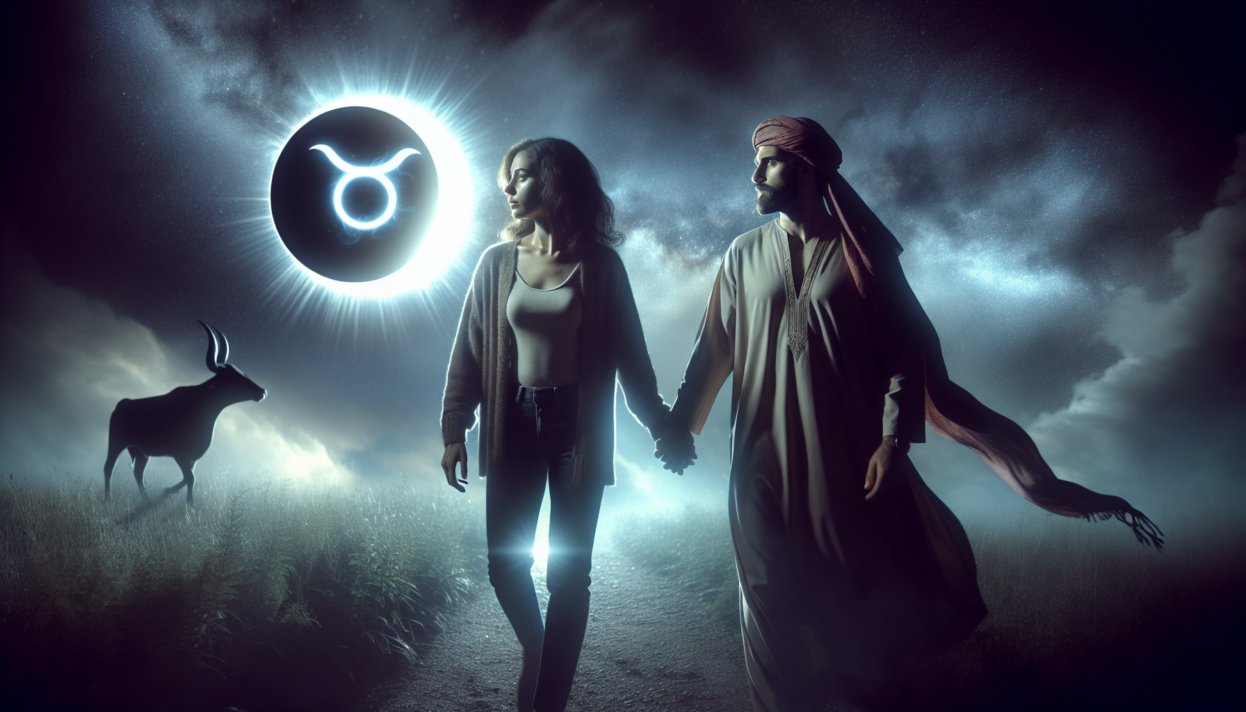 Couple walking hand in hand under eclipse sky, Taurus glyph glowing faintly.