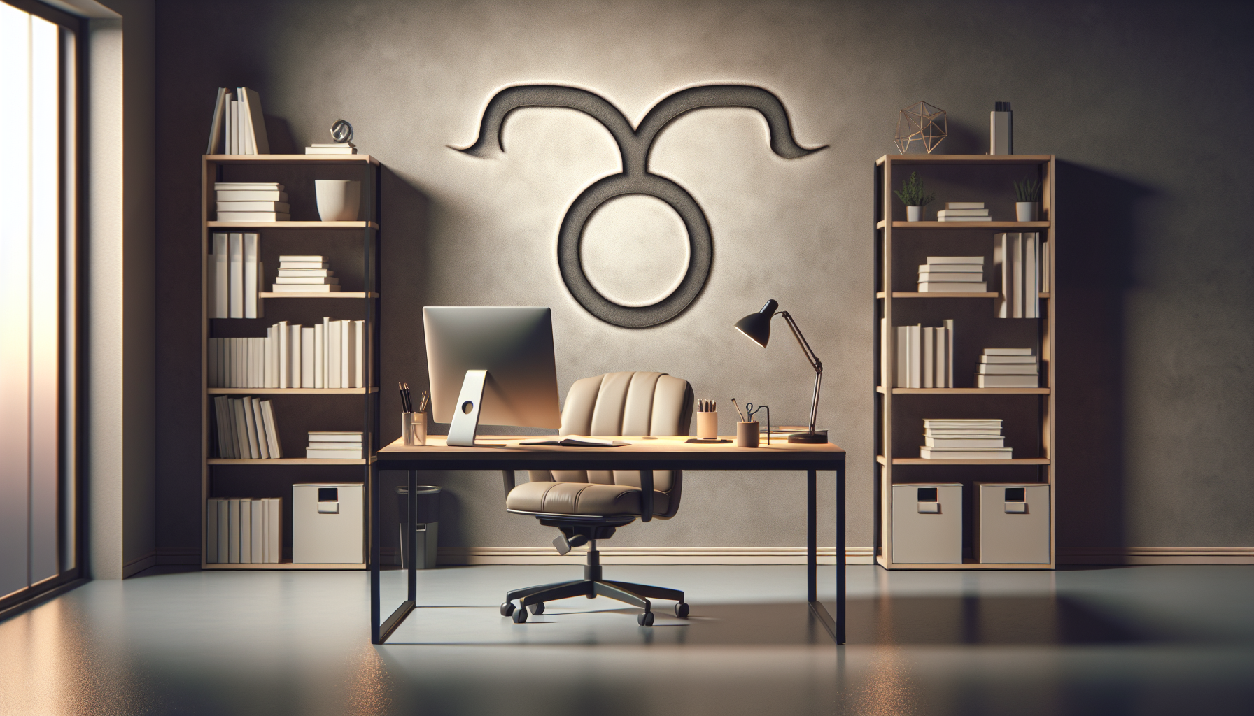 Muted background of office with Taurus glyph faintly carved in wall.