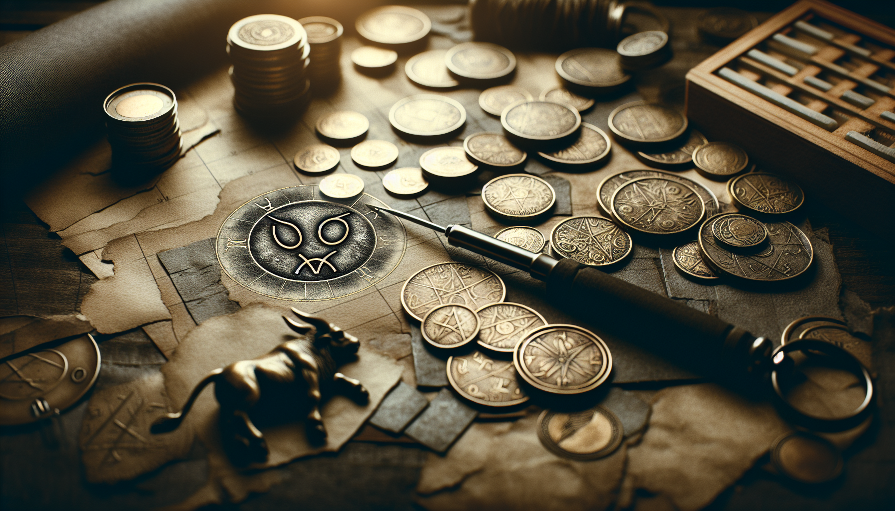Dark muted scene of coins scattered with Taurus glyph carved faintly.