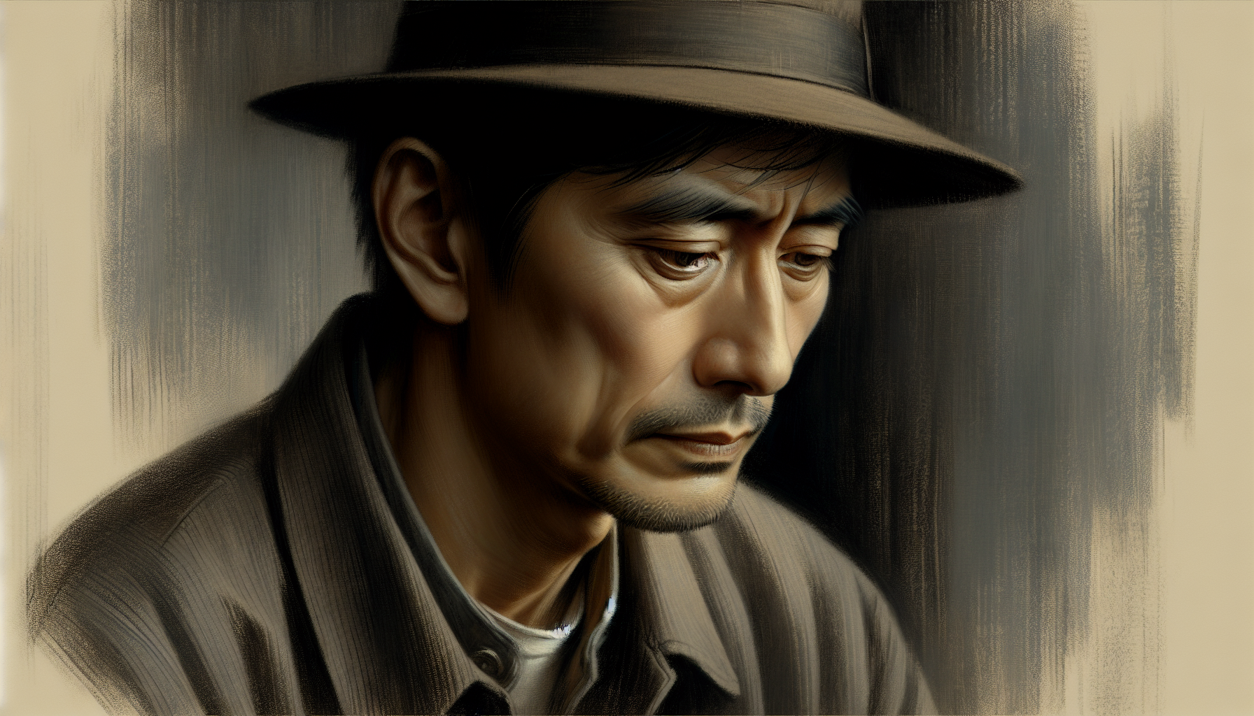 Muted portrait of a man staring at the ground, secretive expression.