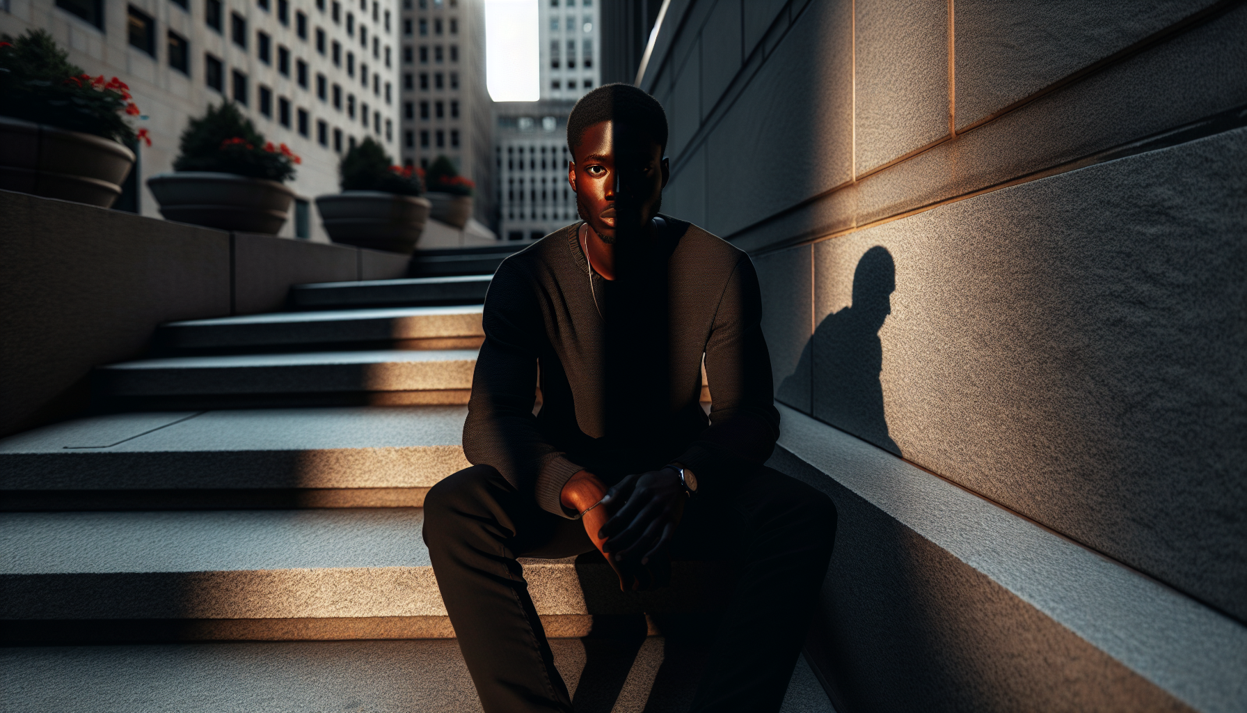Man sitting on steps, shadow covering half of his face, symbolizing secrets.