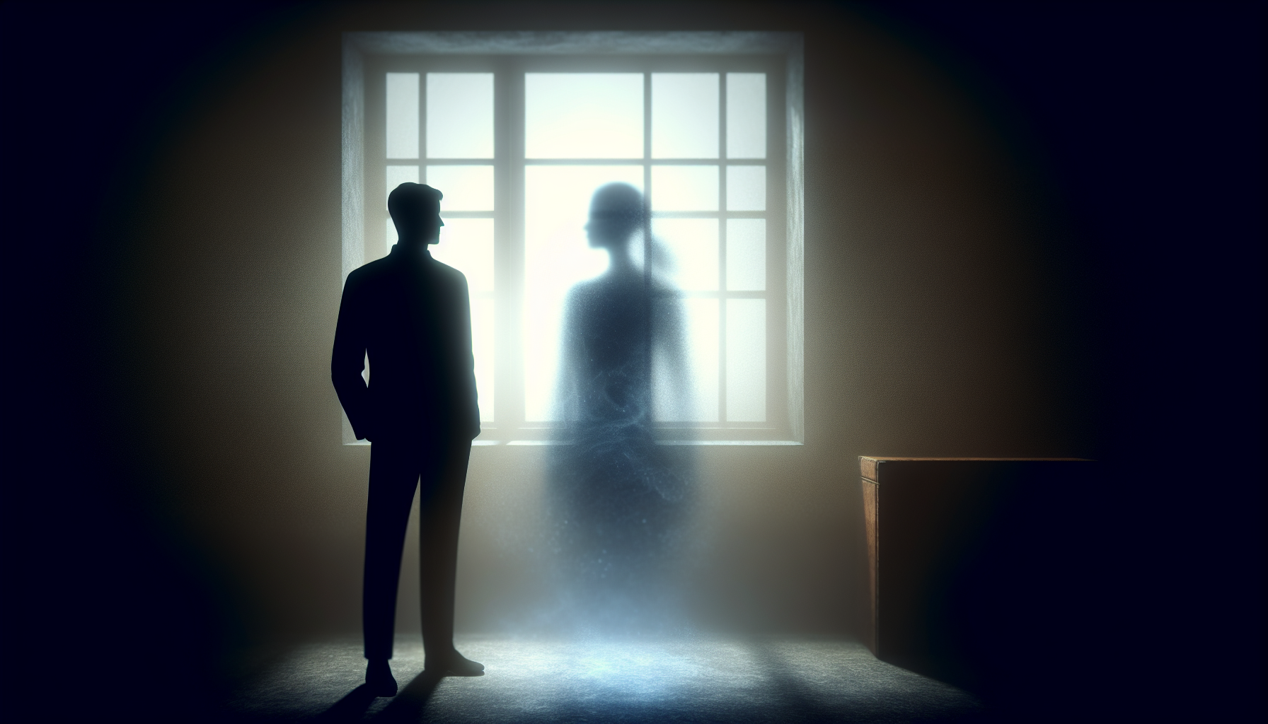 Man’s silhouette beside window, faint glowing shadow of a woman beside him.